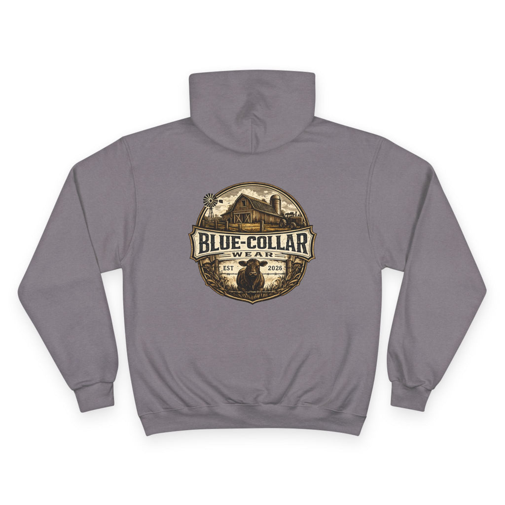 Blue-Collar Wear RANCHER Shield Hoodie — Vintage Workwear Logo Pullover