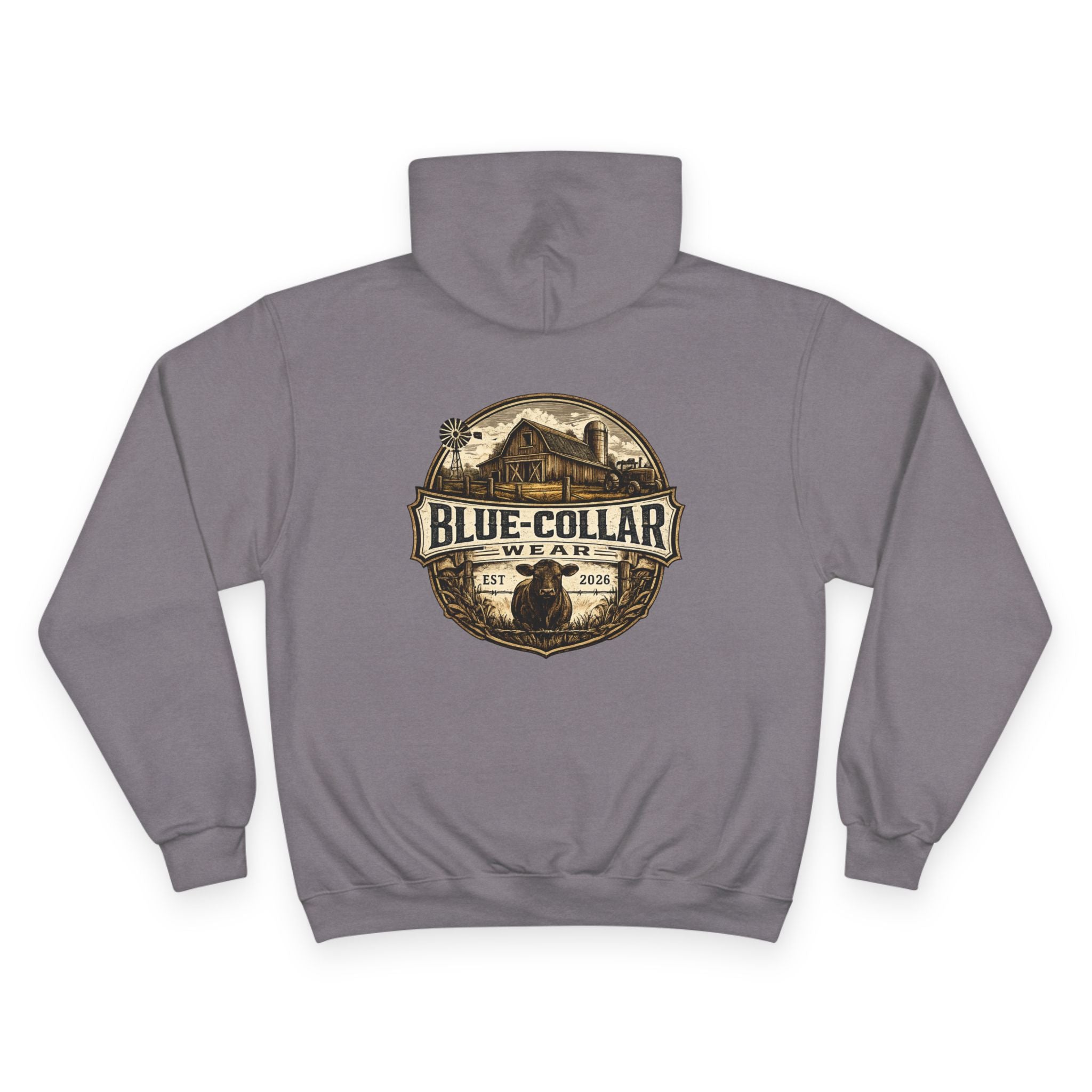 Blue-Collar Wear RANCHER Shield Hoodie — Vintage Workwear Logo Pullover