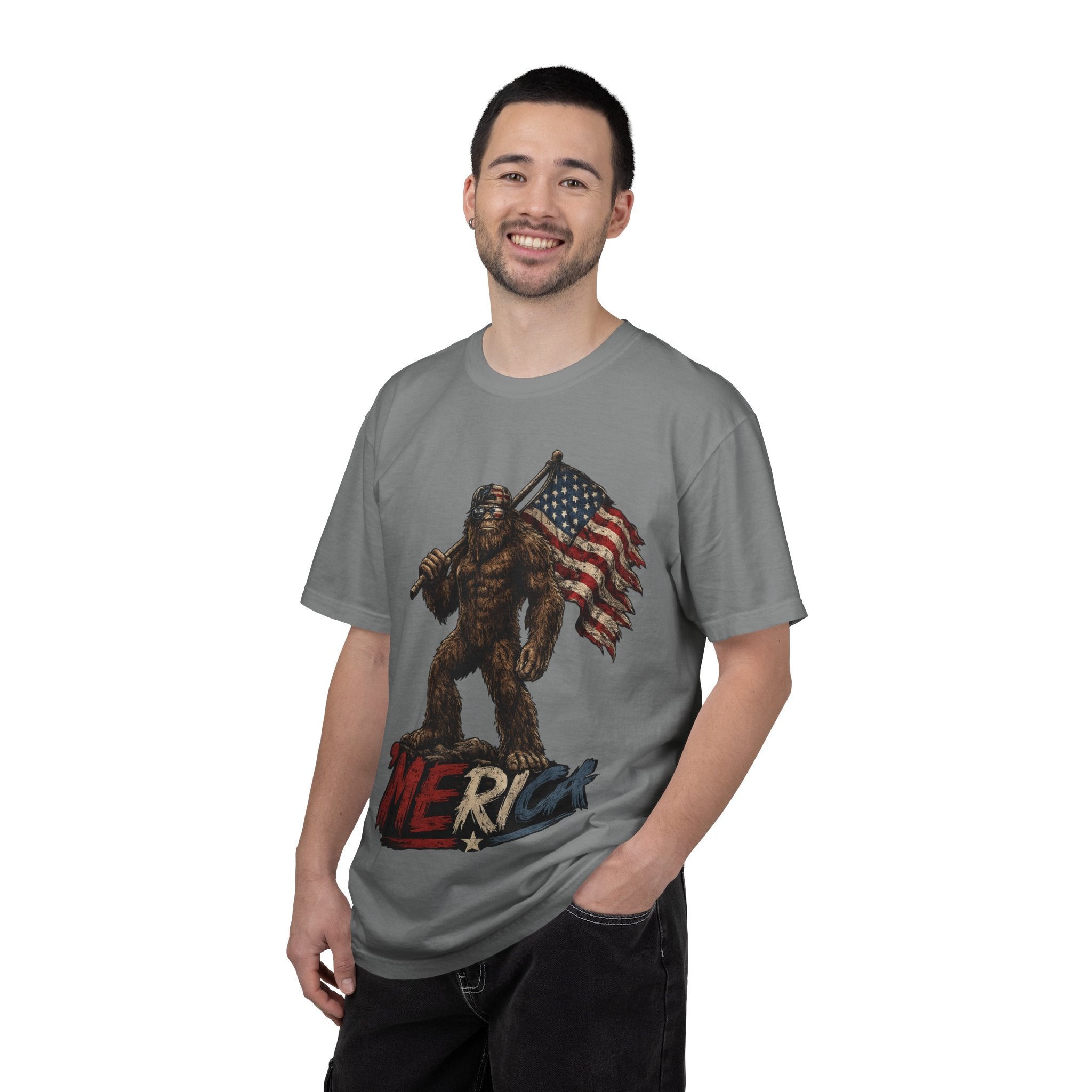 'Merica Bigfoot Flag T-Shirt — Patriotic Sasquatch Americana Tee