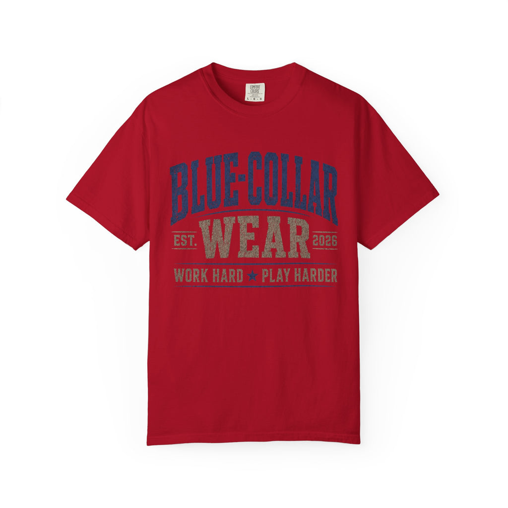 Blue-Collar Wear T-Shirt — "Work Hard • Play Harder" Retro Workwear Tee