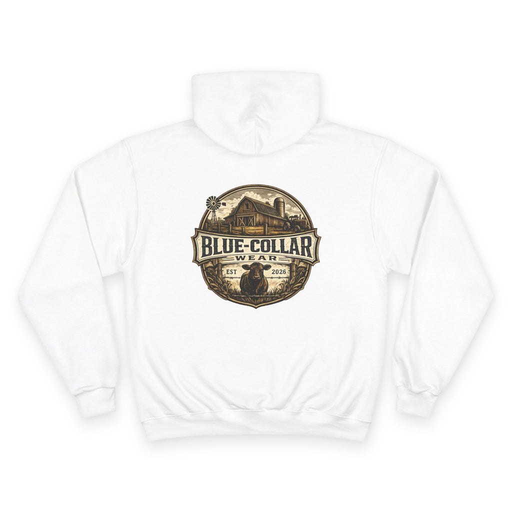 Blue-Collar Wear RANCHER Shield Hoodie — Vintage Workwear Logo Pullover