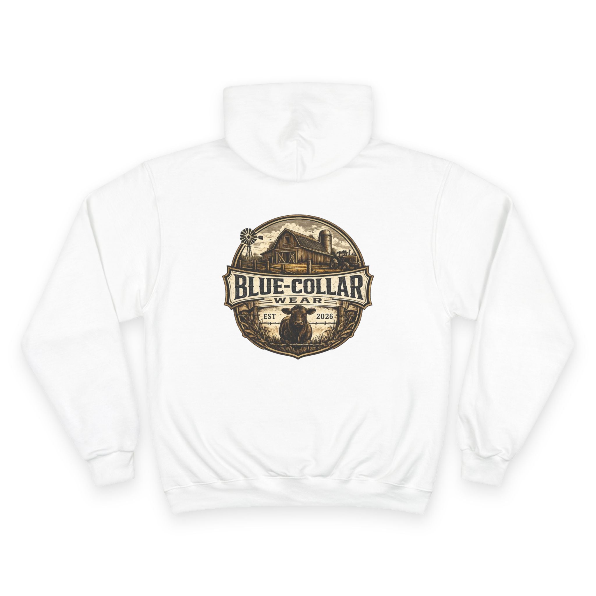 Blue-Collar Wear RANCHER Shield Hoodie — Vintage Workwear Logo Pullover