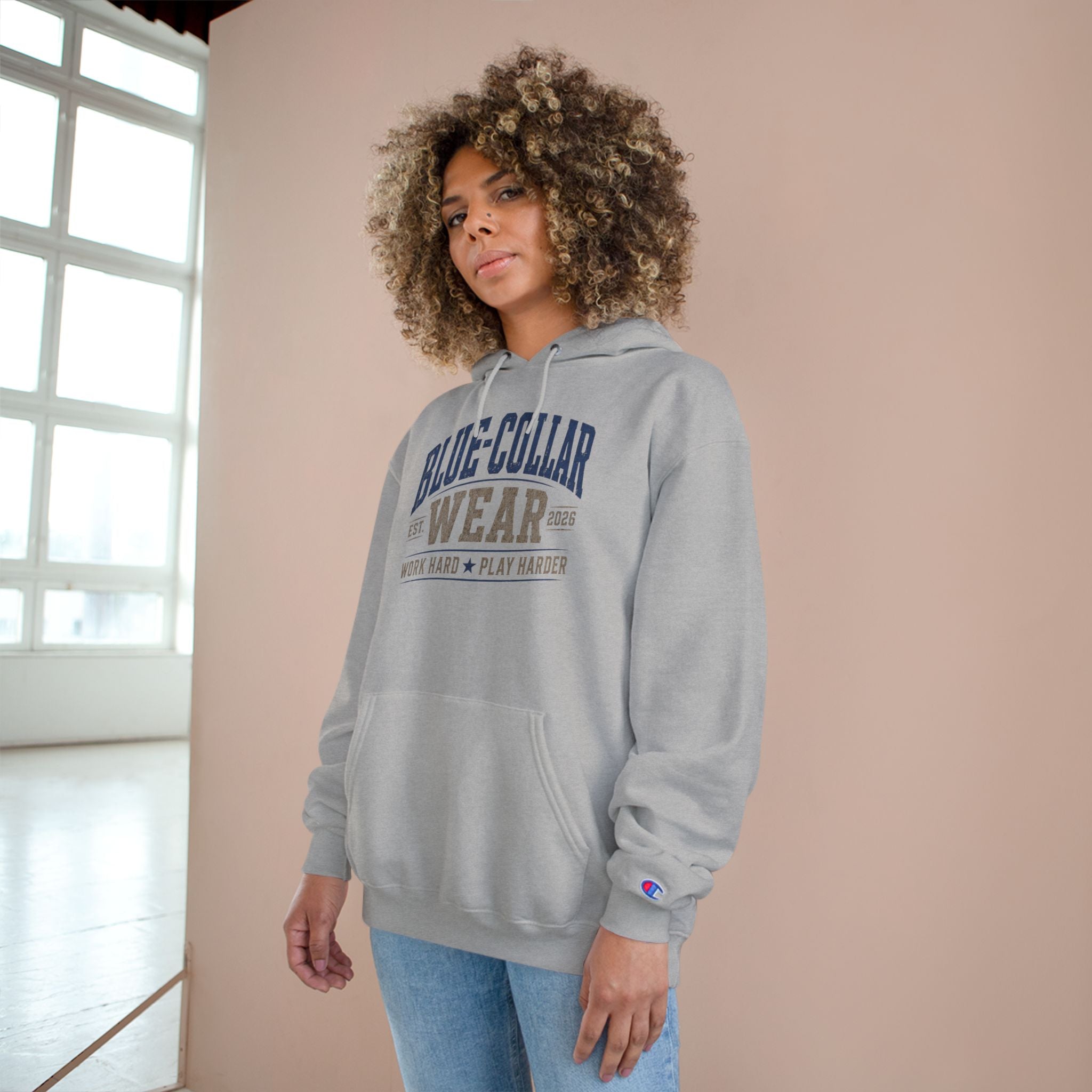 Blue-Collar Wear Hoodie — 'Work Hard, Play Harder' Champion Pullover