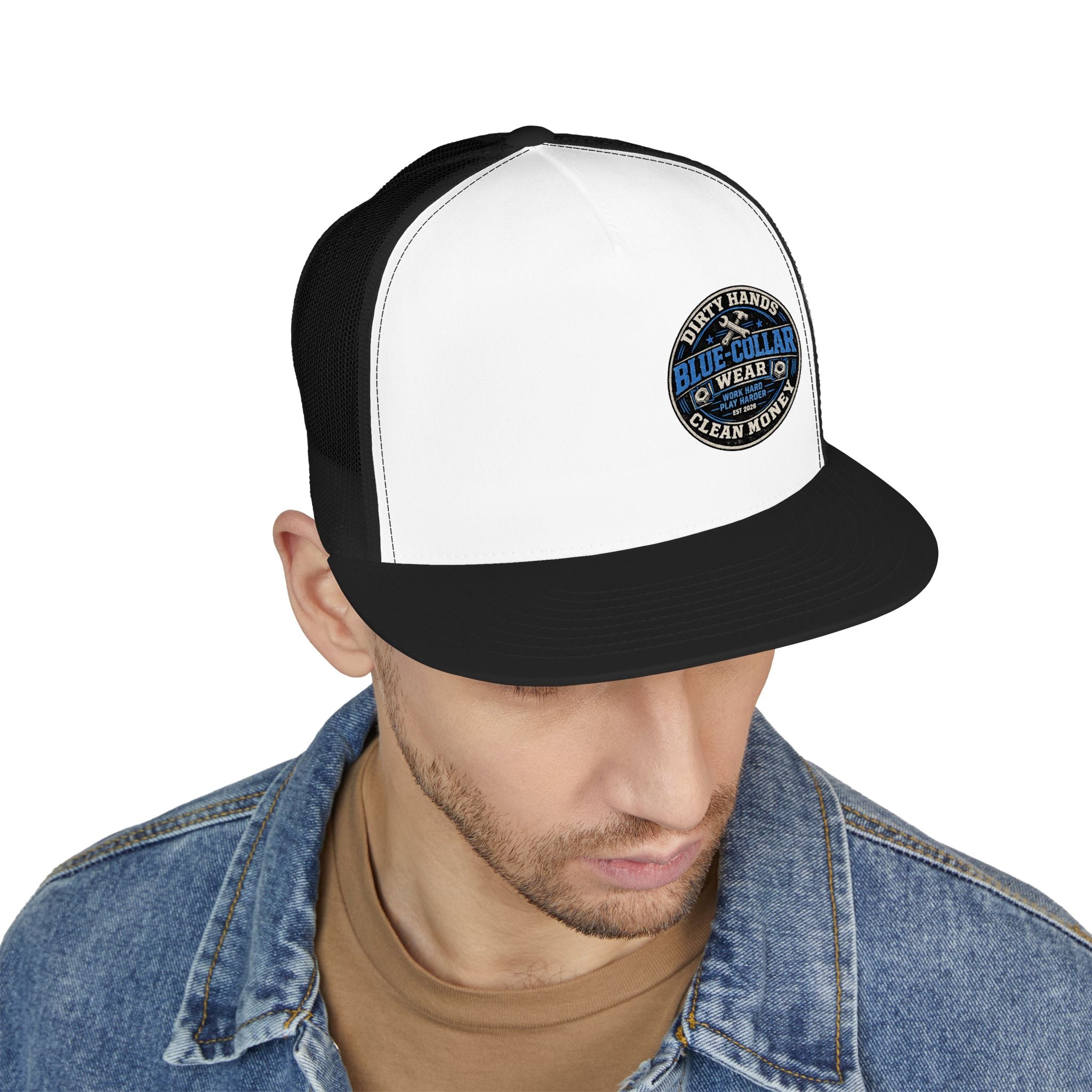 Blue-Collar Workwear Trucker Cap — "Dirty Hands Clean Money" Patch