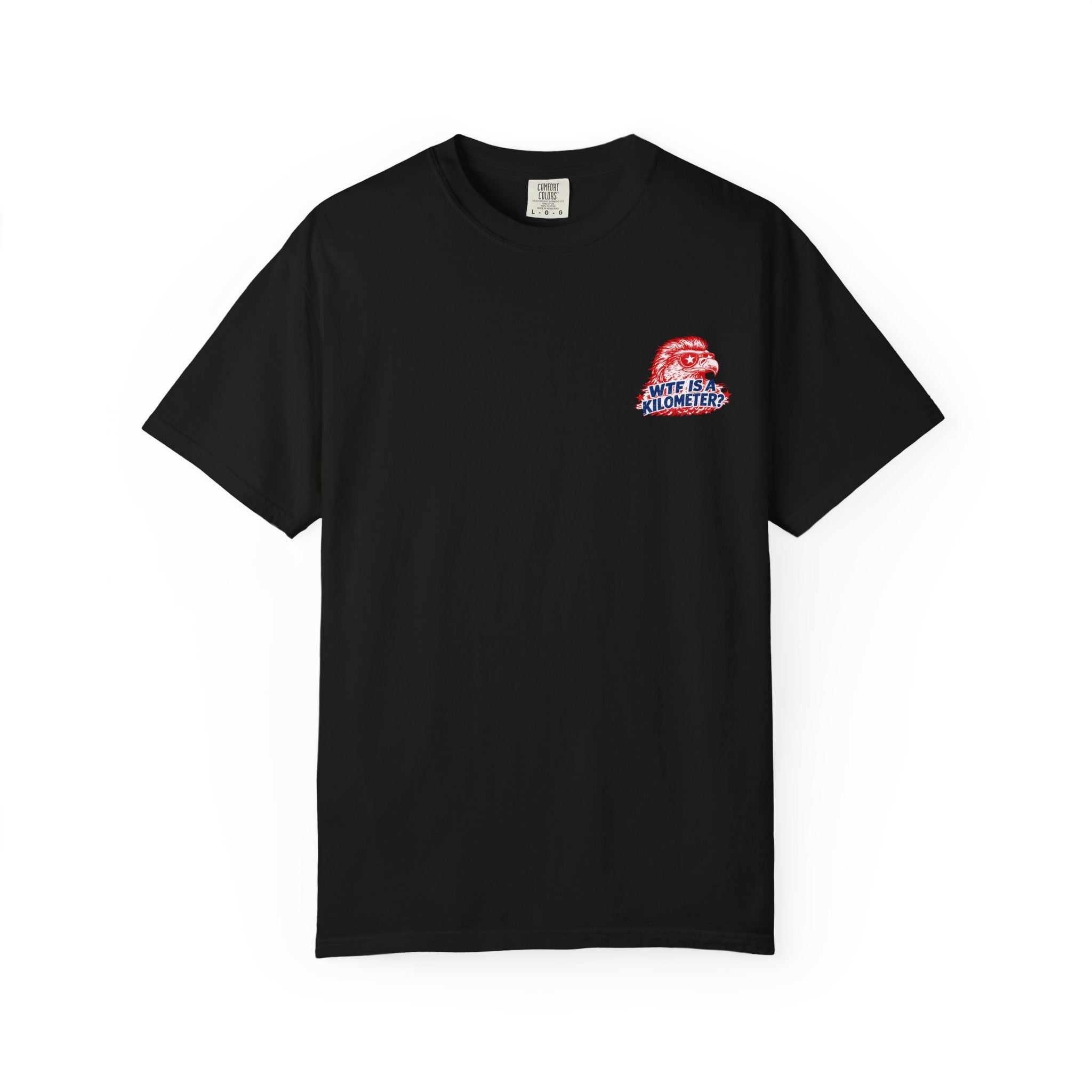 WTF Is a Kilometer? Graphic T‑Shirt — Retro Eagle Patriotic Travel Humor