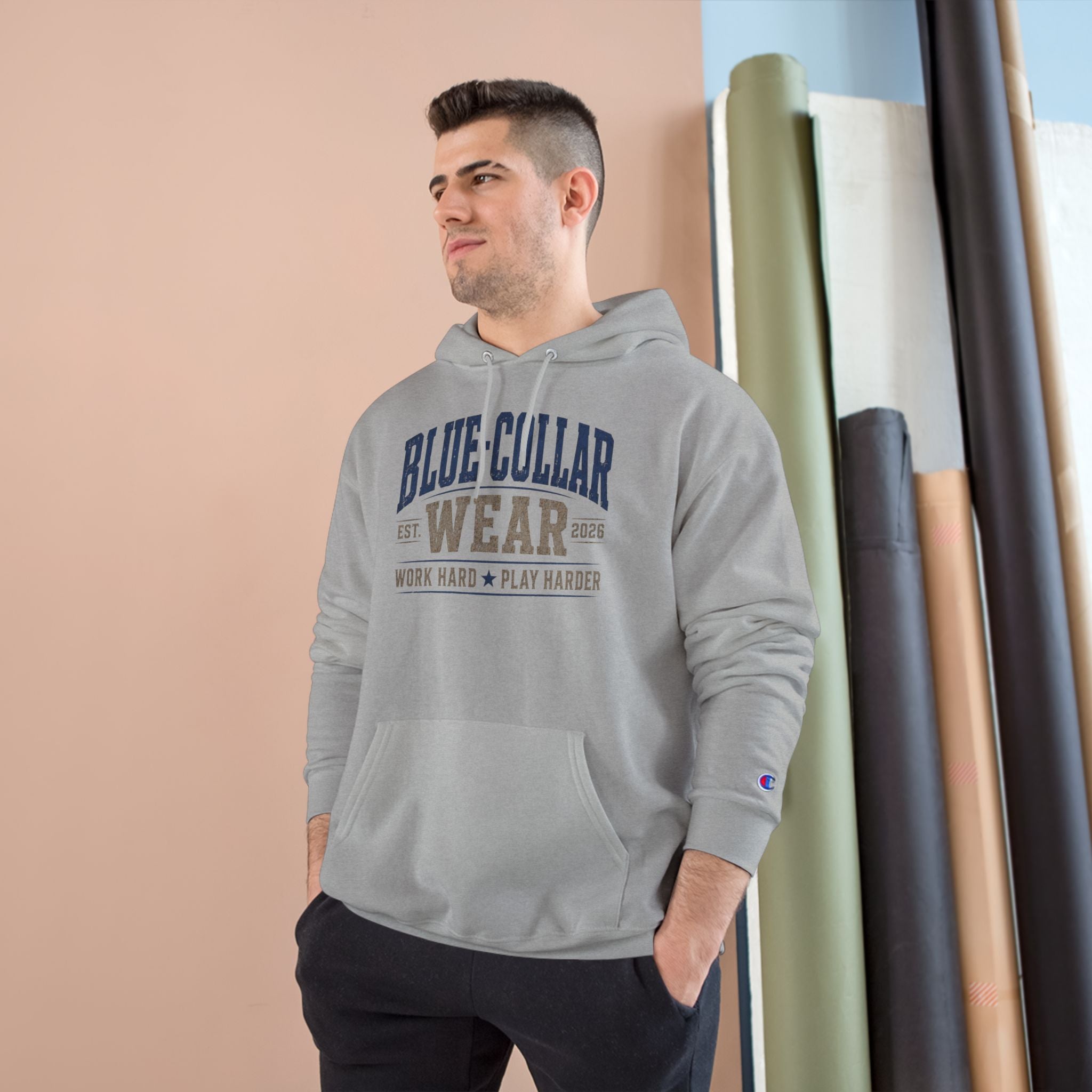 Blue-Collar Wear Hoodie — 'Work Hard, Play Harder' Champion Pullover