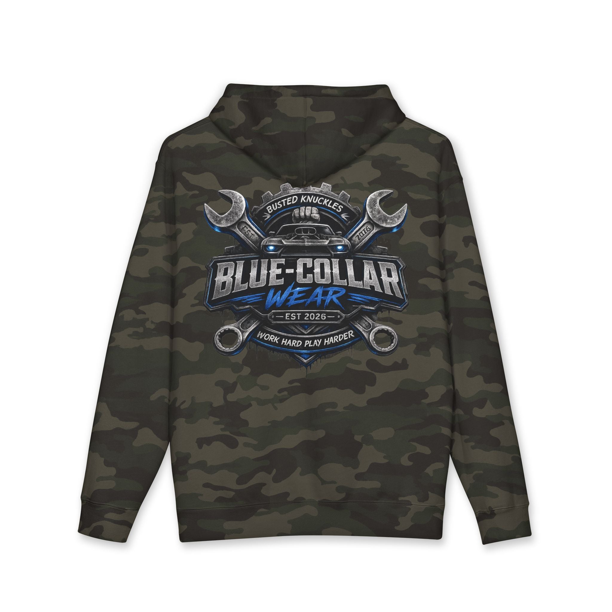 Blue-Collar Wear Hoodie — Mechanic Wrench Logo Workwear Pullover