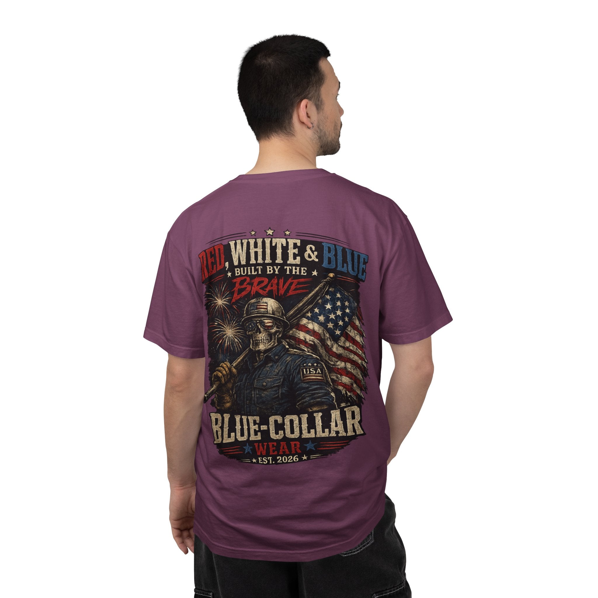 Blue-Collar Wear Patriotic T-Shirt — “Red, White & Blue Built by the Brave”