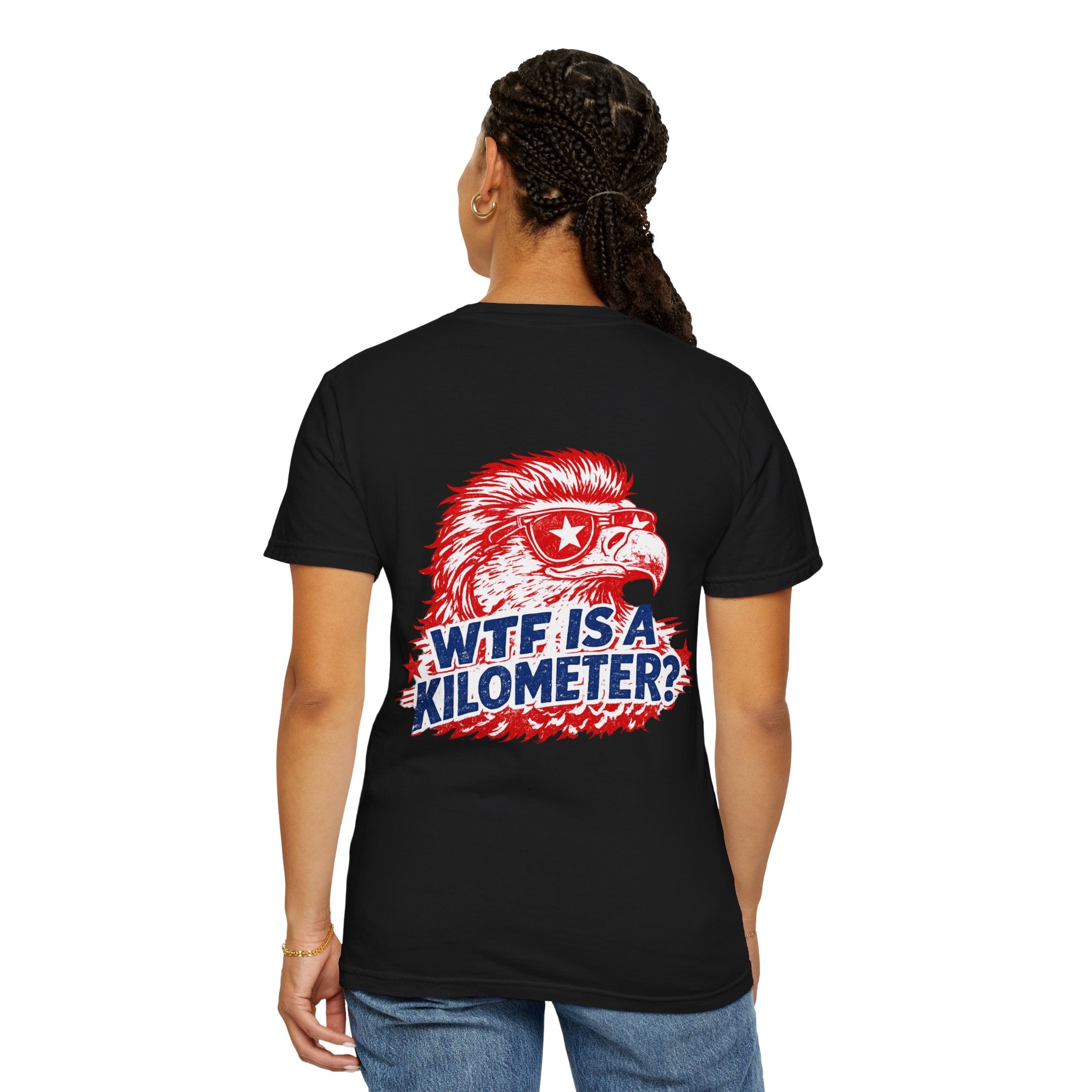 WTF Is a Kilometer? Graphic T‑Shirt — Retro Eagle Patriotic Travel Humor