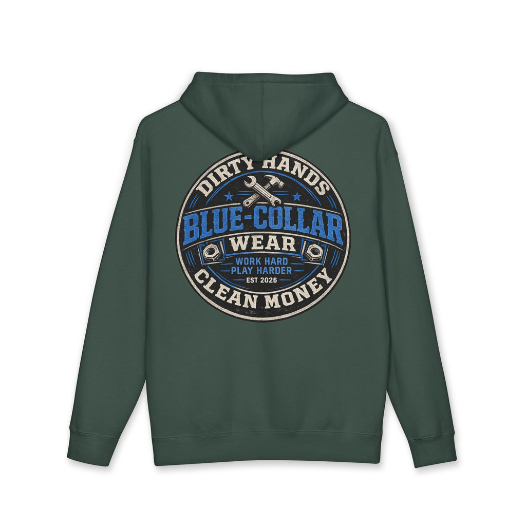 Blue-Collar Workwear Hoodie — "Dirty Hands, Clean Money" Chest & Back Graphic