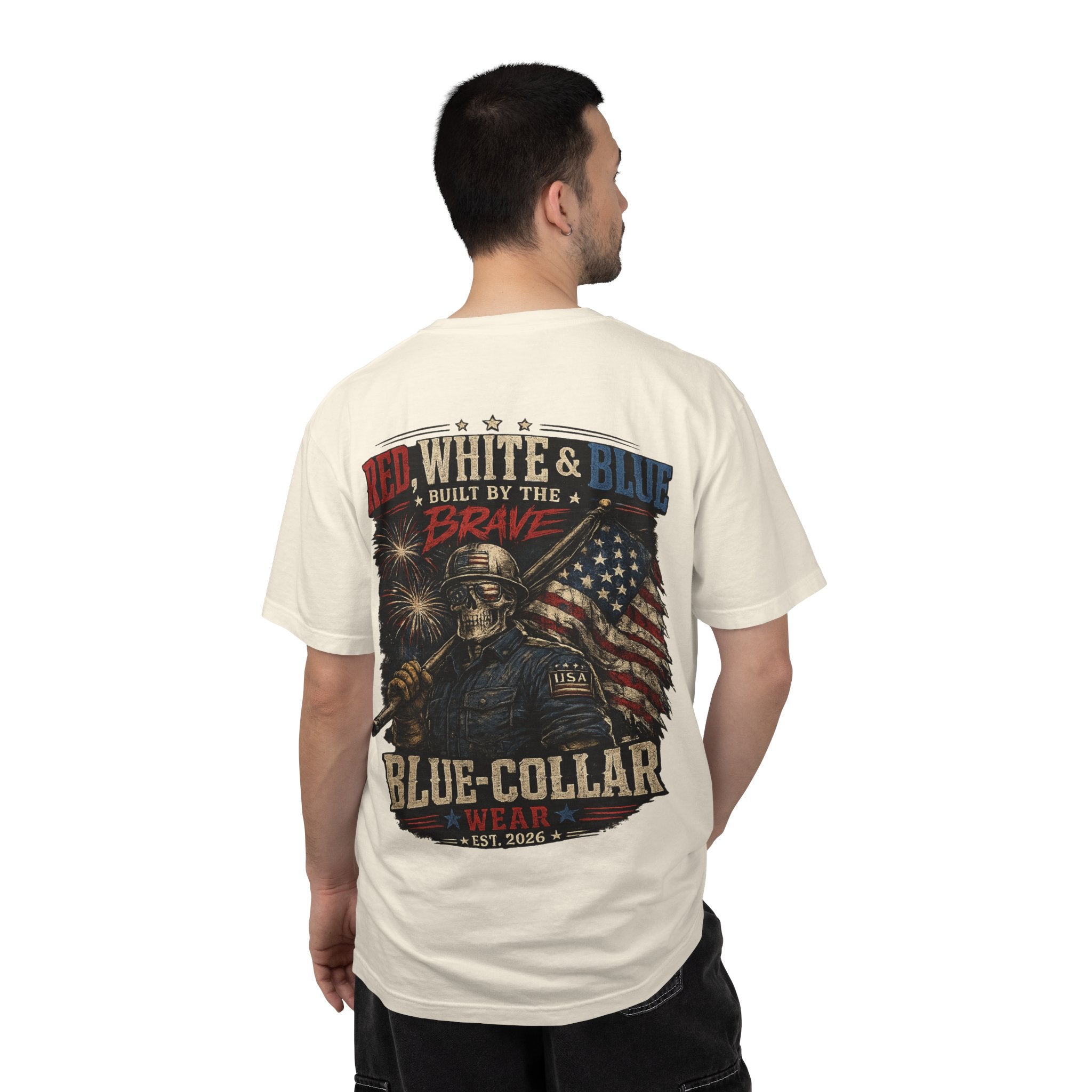 Blue-Collar Wear Patriotic T-Shirt — “Red, White & Blue Built by the Brave”