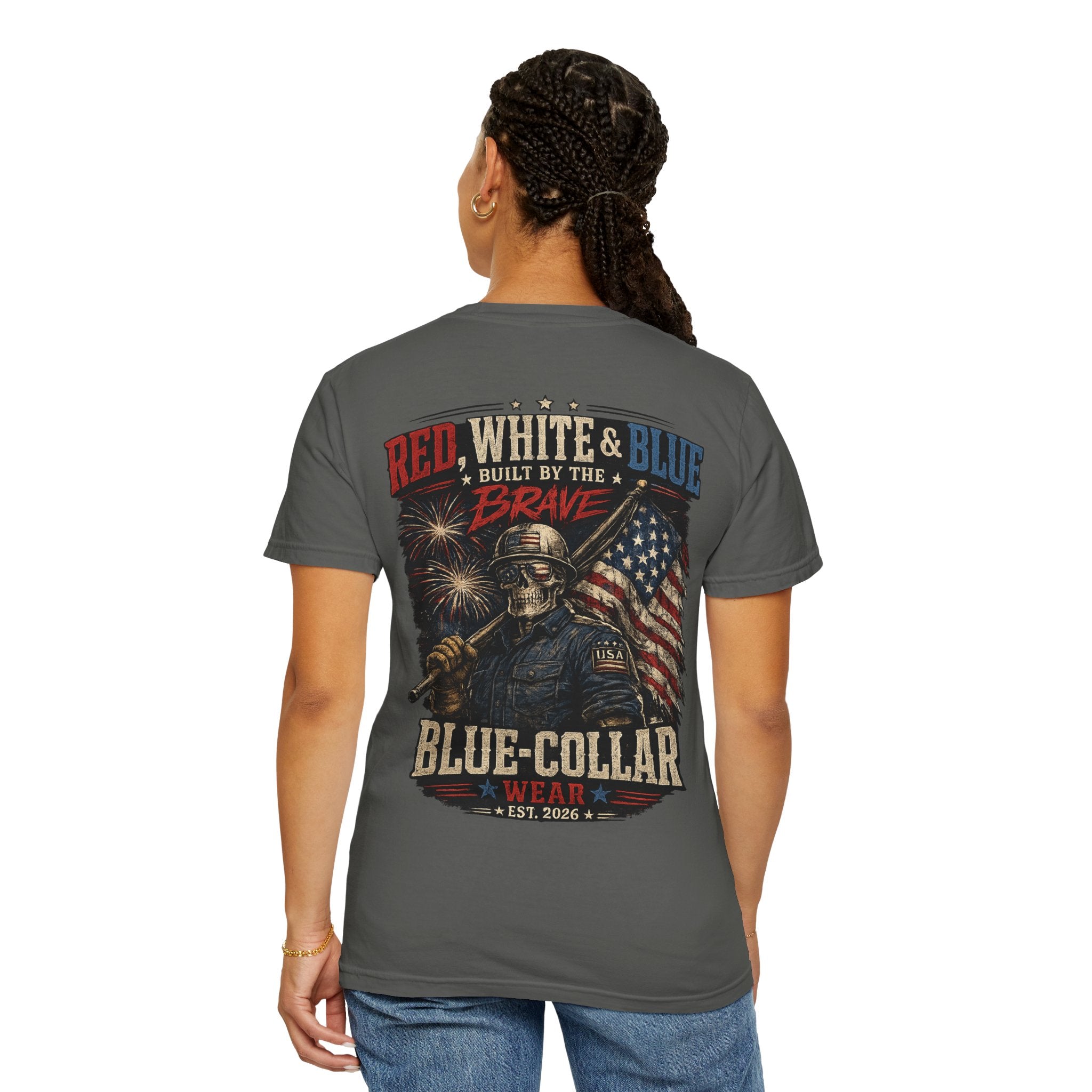 Blue-Collar Wear Patriotic T-Shirt — “Red, White & Blue Built by the Brave”