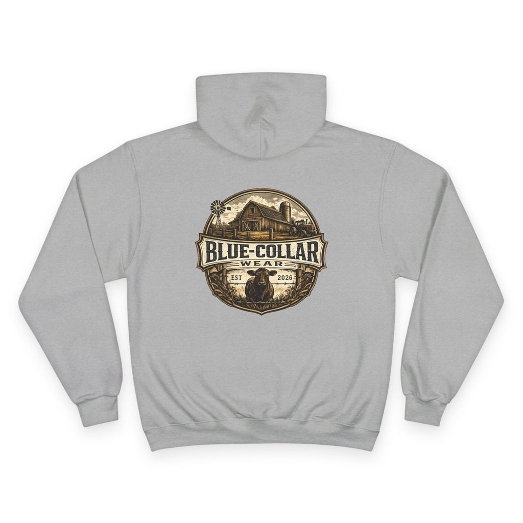 Blue-Collar Wear RANCHER Shield Hoodie — Vintage Workwear Logo Pullover
