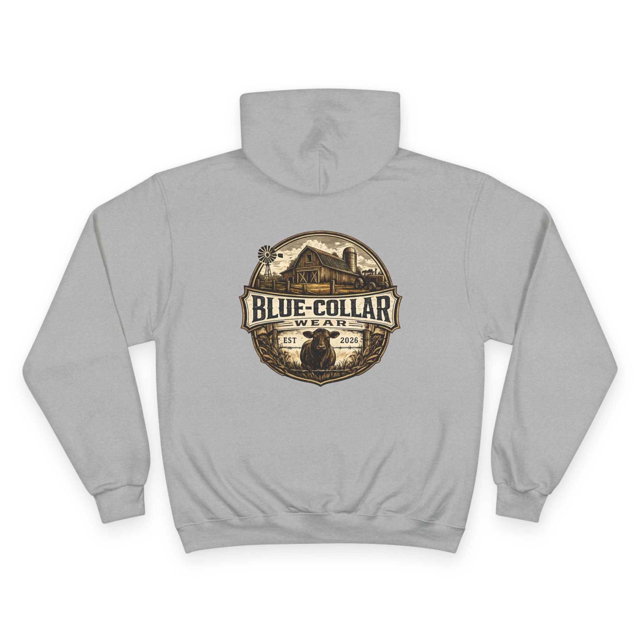 Blue-Collar Wear RANCHER Shield Hoodie — Vintage Workwear Logo Pullover
