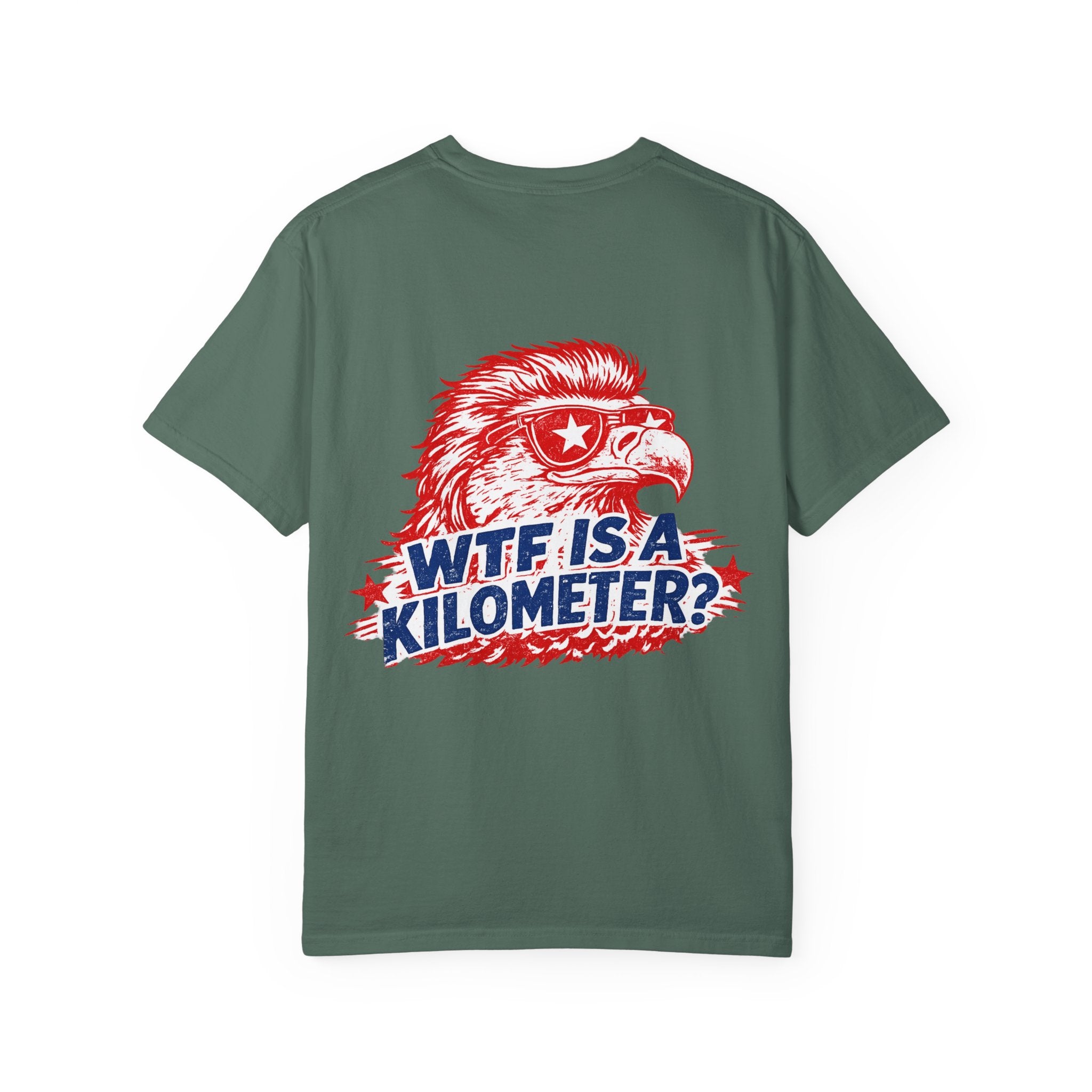 WTF Is a Kilometer? Graphic T‑Shirt — Retro Eagle Patriotic Travel Humor