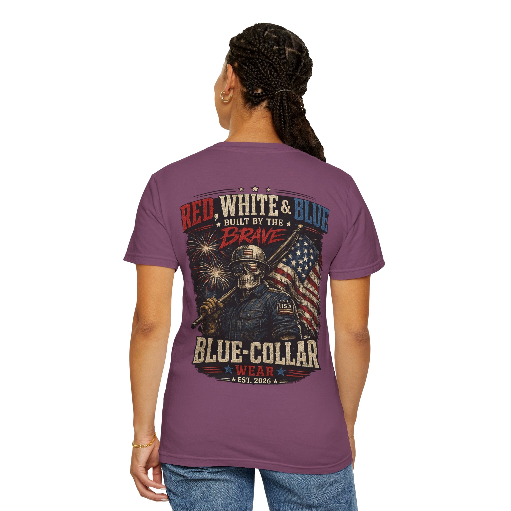 Blue-Collar Wear Patriotic T-Shirt — “Red, White & Blue Built by the Brave”