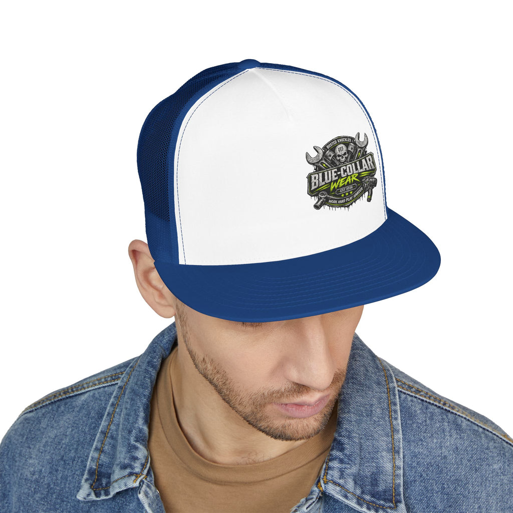 Blue Collar Wear Trucker Cap Mechanic — Workwear Skull Logo Mesh Snapback