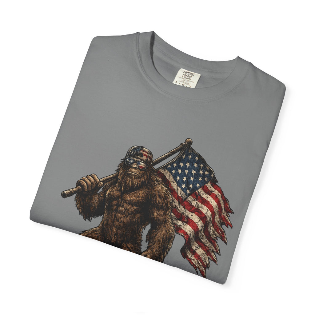 'Merica Bigfoot Flag T-Shirt — Patriotic Sasquatch Americana Tee