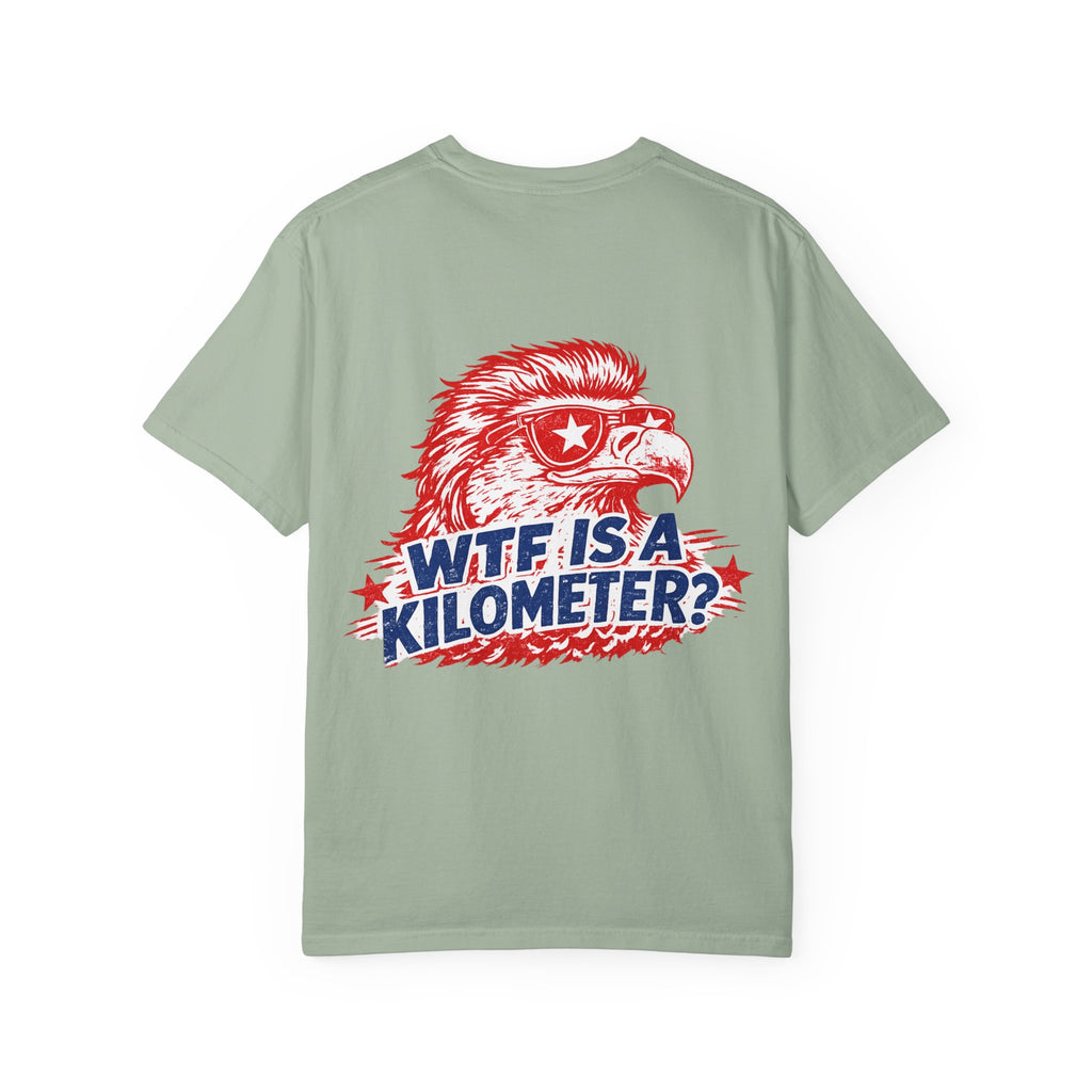 WTF Is a Kilometer? Graphic T‑Shirt — Retro Eagle Patriotic Travel Humor