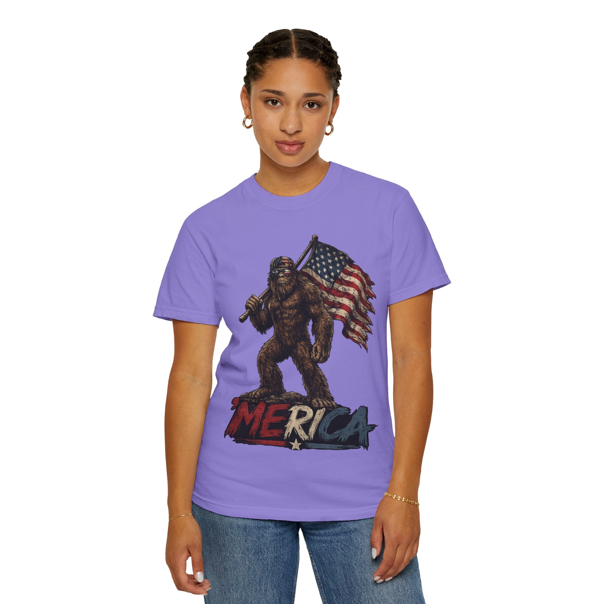 'Merica Bigfoot Flag T-Shirt — Patriotic Sasquatch Americana Tee