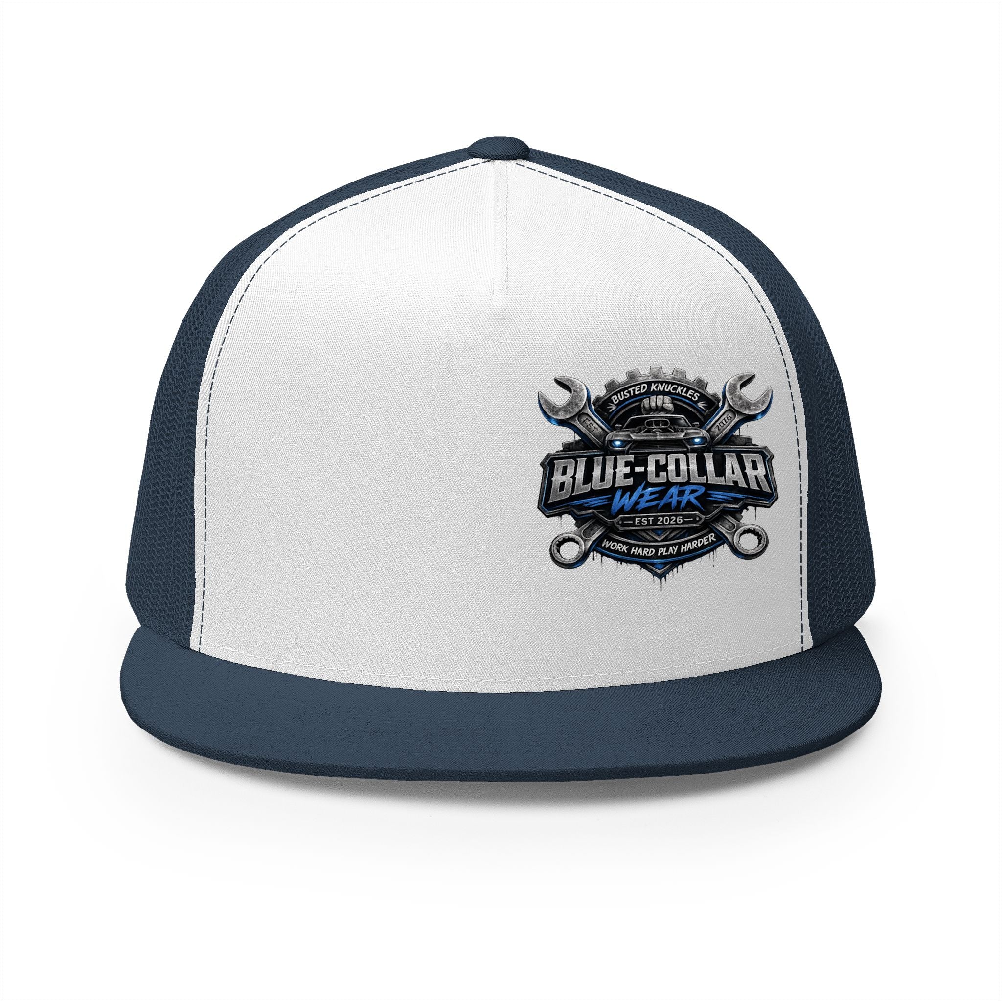 Blue-Collar Wear Trucker Cap — Vintage Mechanic Logo Snapback