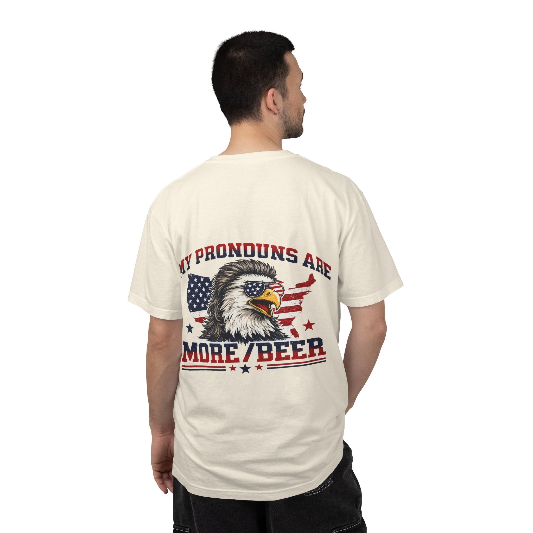 T-Shirt — "My Pronouns Are More/Beer" Patriotic Eagle Graphic