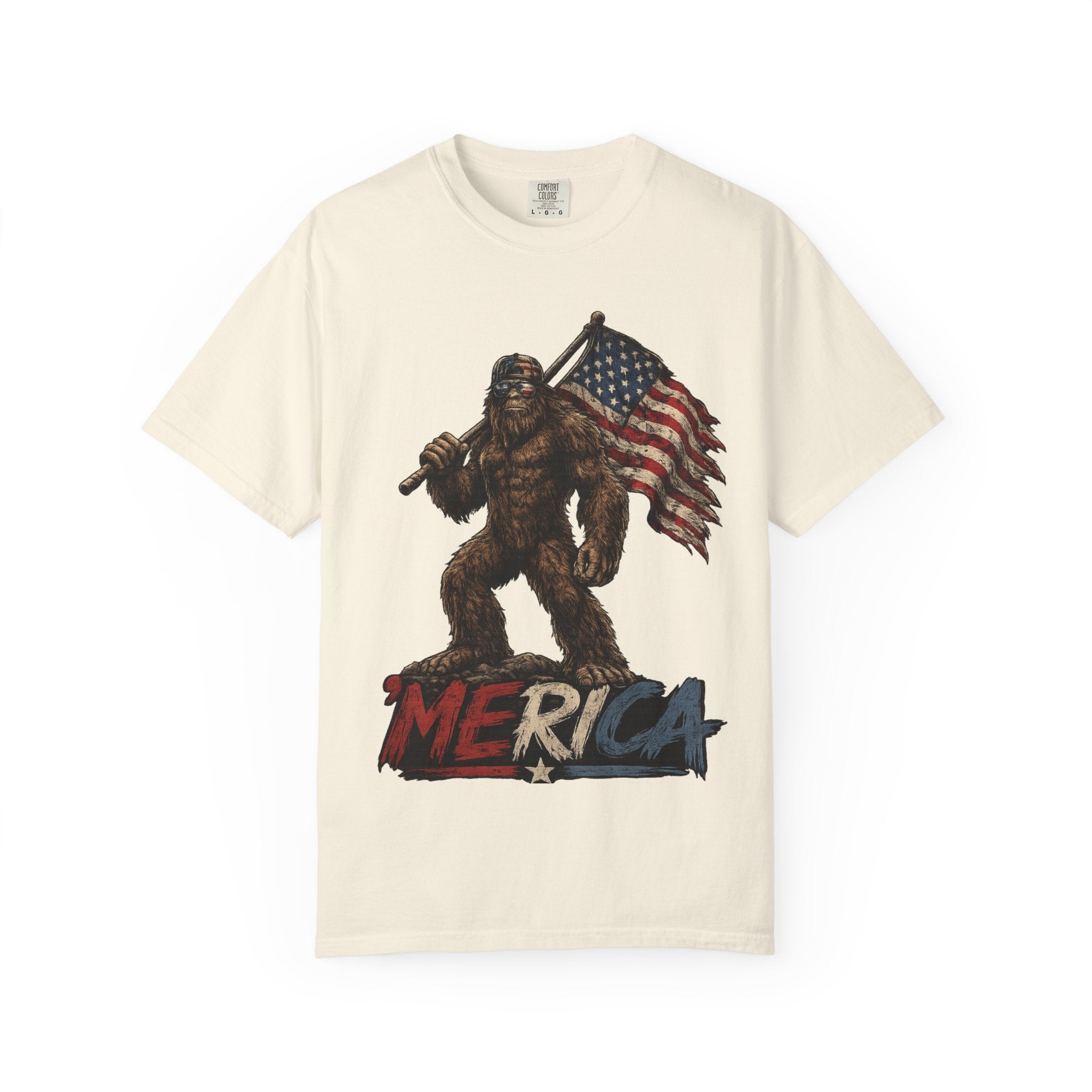 'Merica Bigfoot Flag T-Shirt — Patriotic Sasquatch Americana Tee