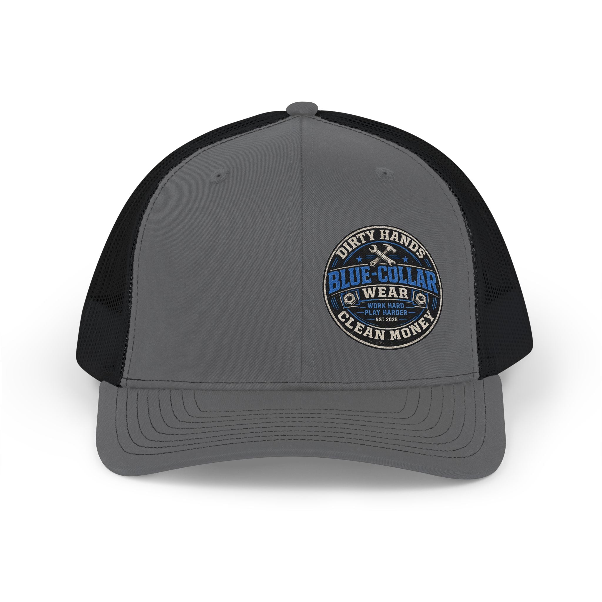 Blue Collar Trucker Snapback Cap — "Blue Collar Wear" Patch Mesh Hat