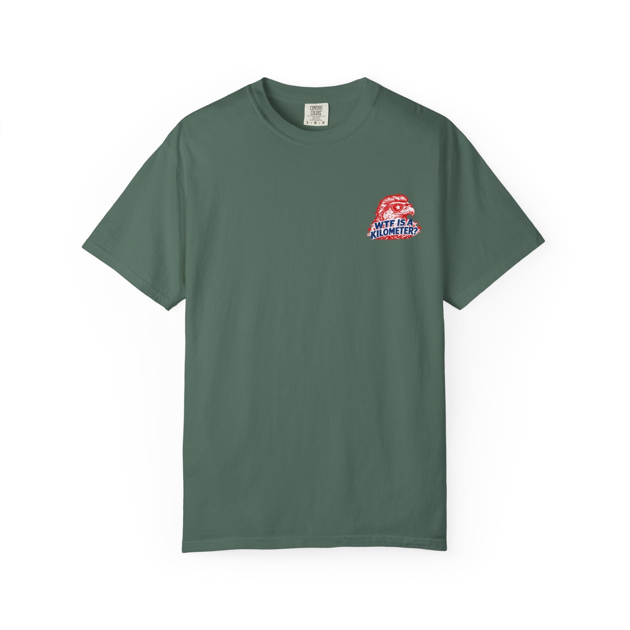 WTF Is a Kilometer? Graphic T‑Shirt — Retro Eagle Patriotic Travel Humor