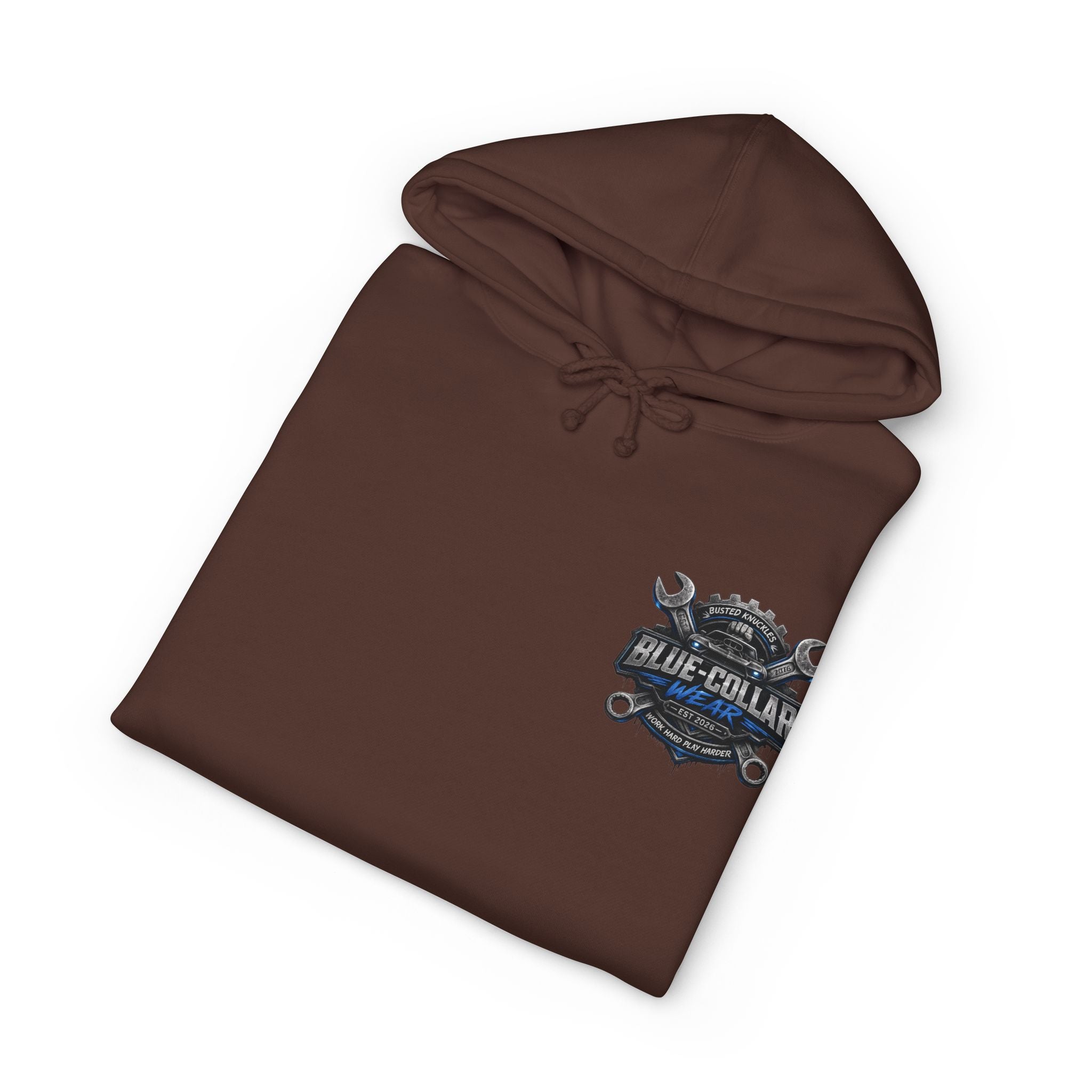 Blue-Collar Wear Hoodie — Mechanic Wrench Logo Workwear Pullover