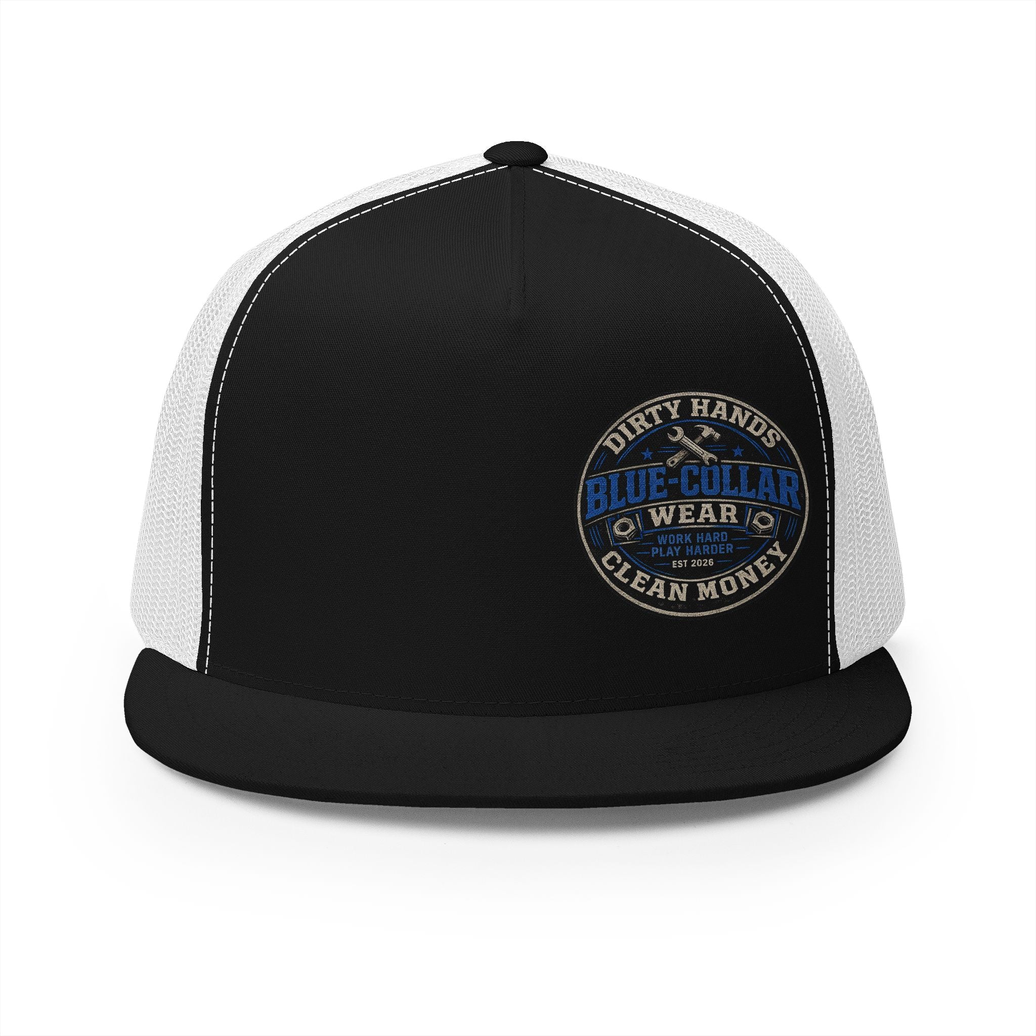 Blue-Collar Workwear Trucker Cap — "Dirty Hands Clean Money" Patch
