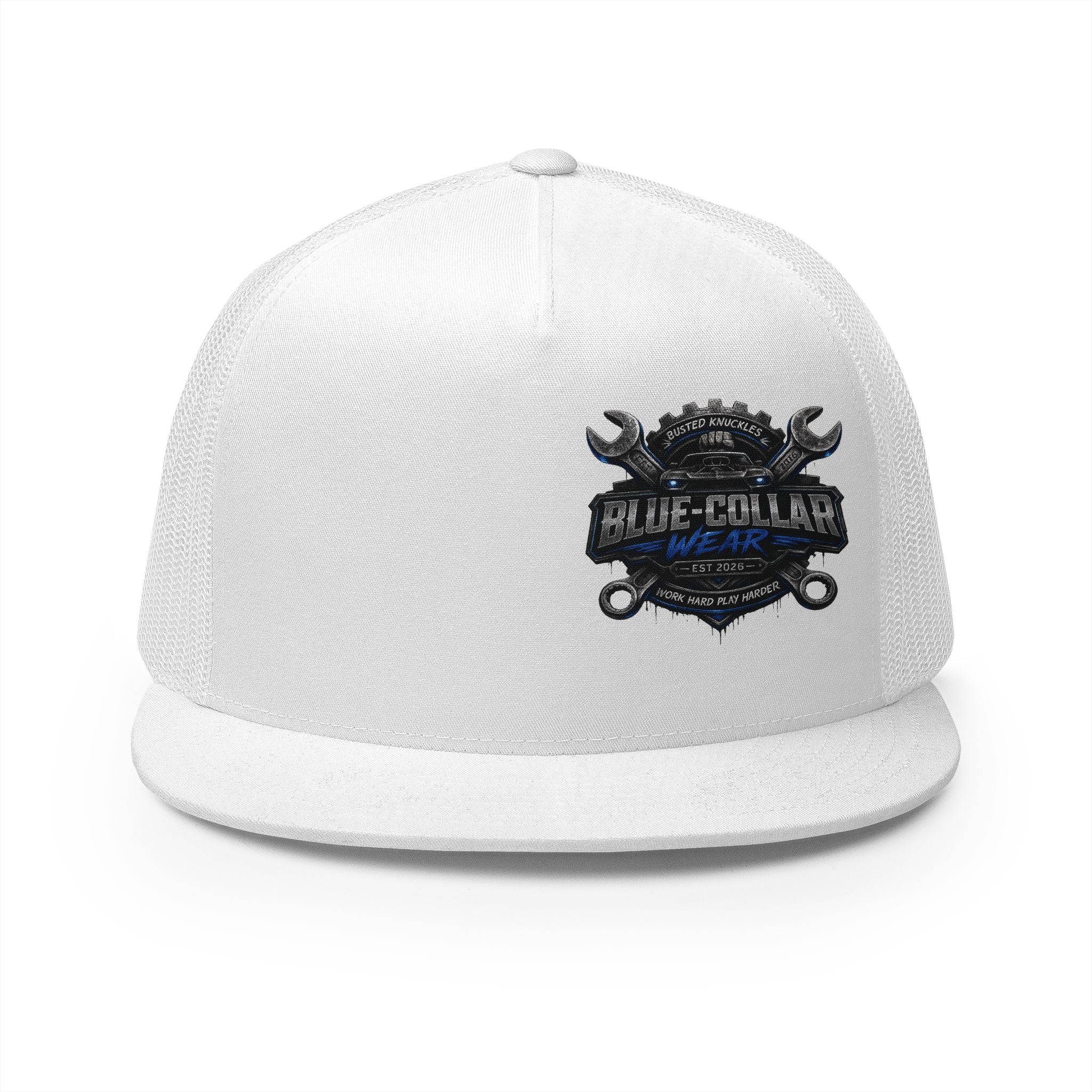 Blue-Collar Wear Trucker Cap — Vintage Mechanic Logo Snapback