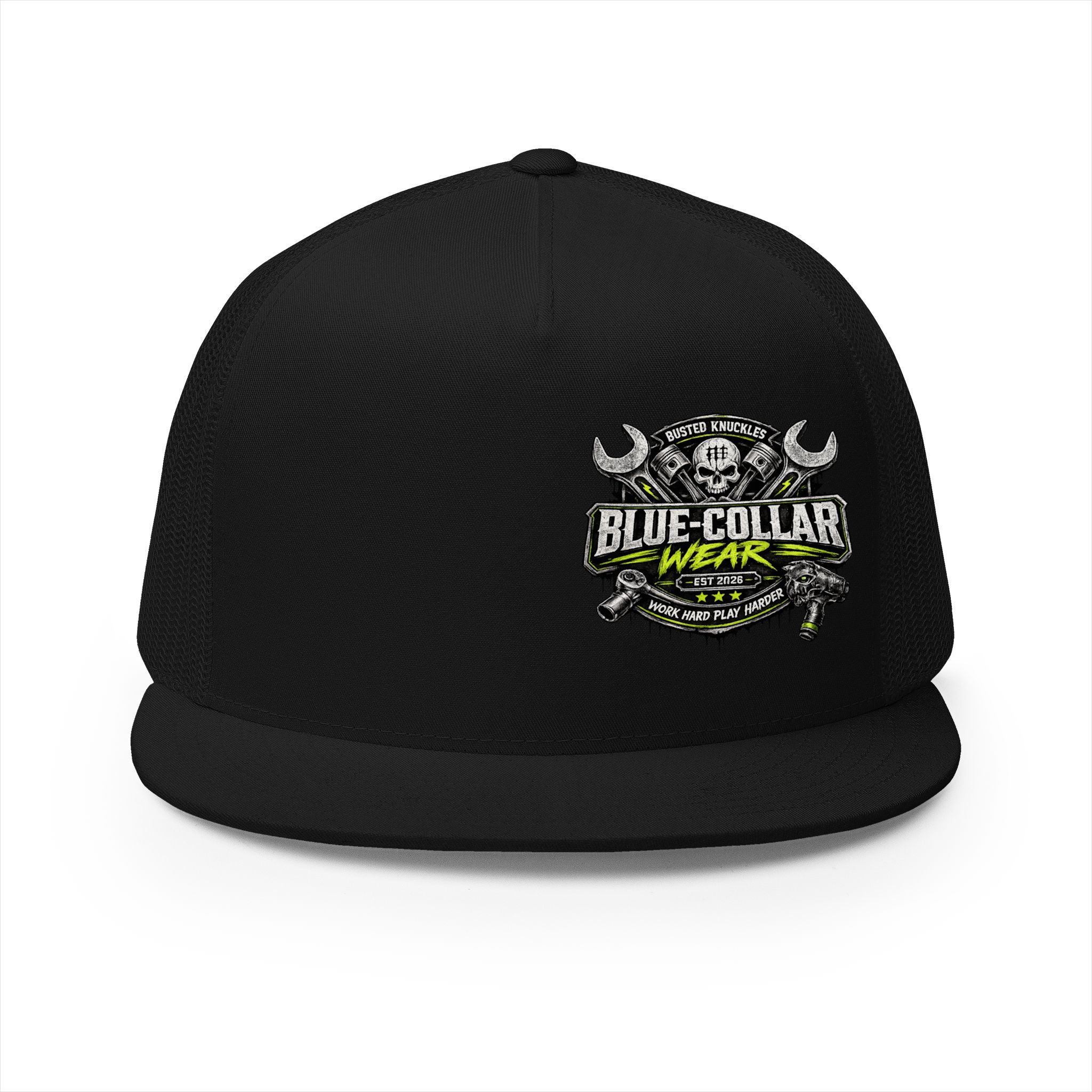 Blue Collar Wear Trucker Cap Mechanic — Workwear Skull Logo Mesh Snapback