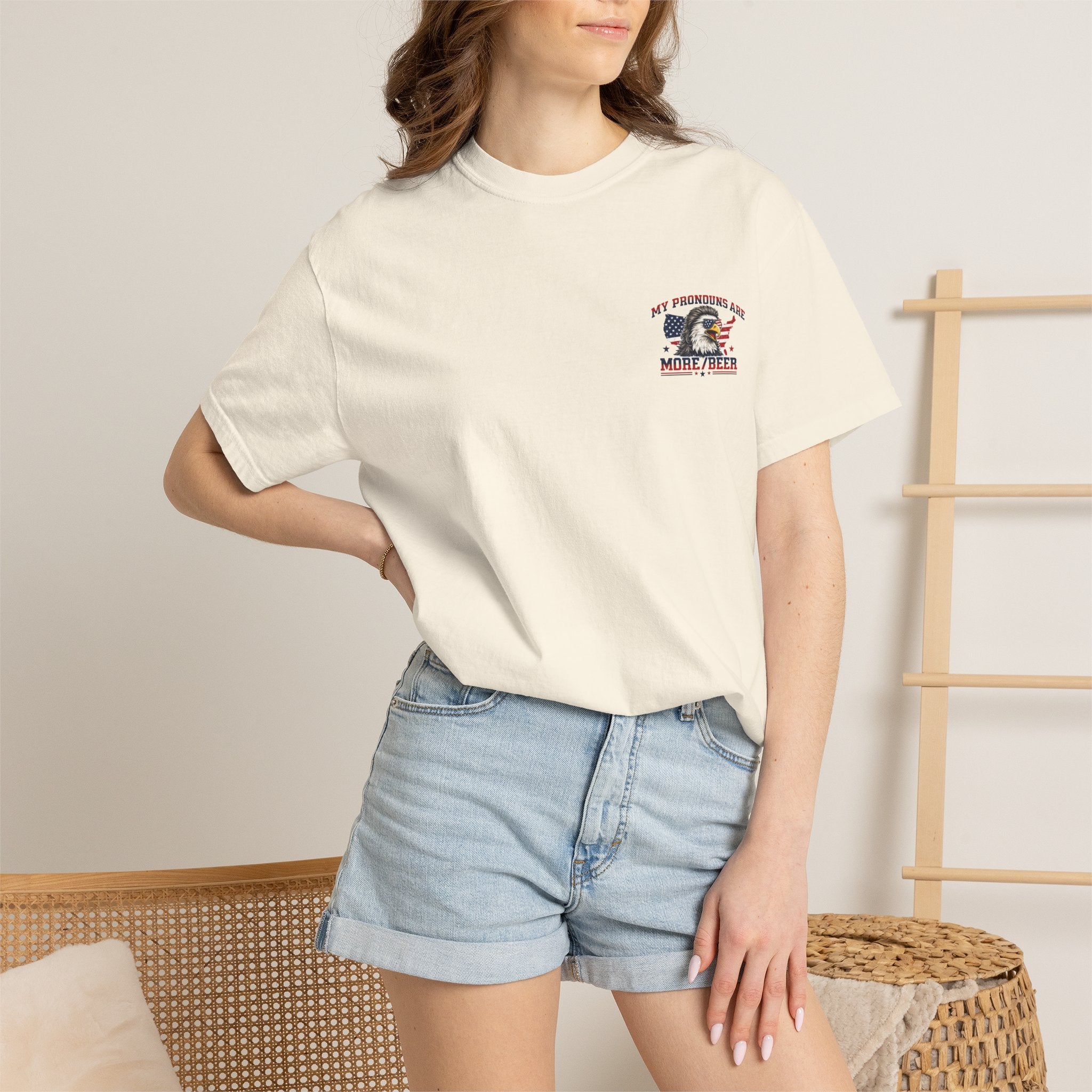 T-Shirt — "My Pronouns Are More/Beer" Patriotic Eagle Graphic