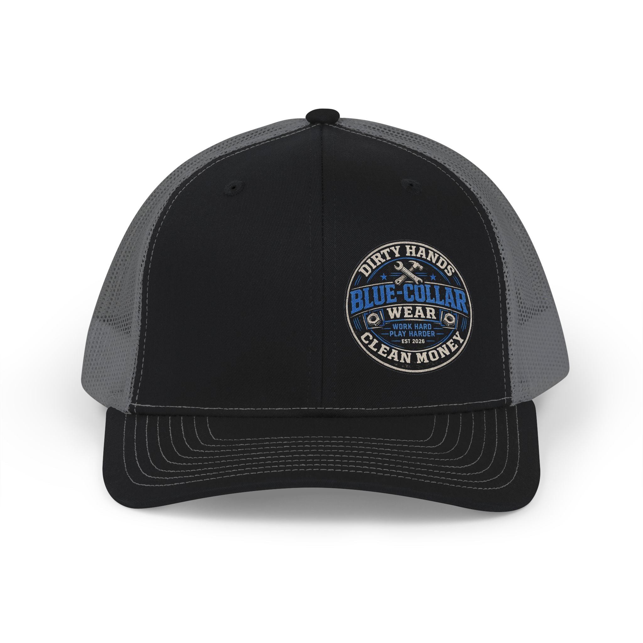 Blue Collar Trucker Snapback Cap — "Blue Collar Wear" Patch Mesh Hat