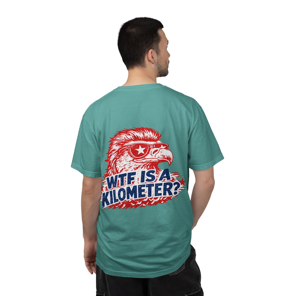 WTF Is a Kilometer? Graphic T‑Shirt — Retro Eagle Patriotic Travel Humor