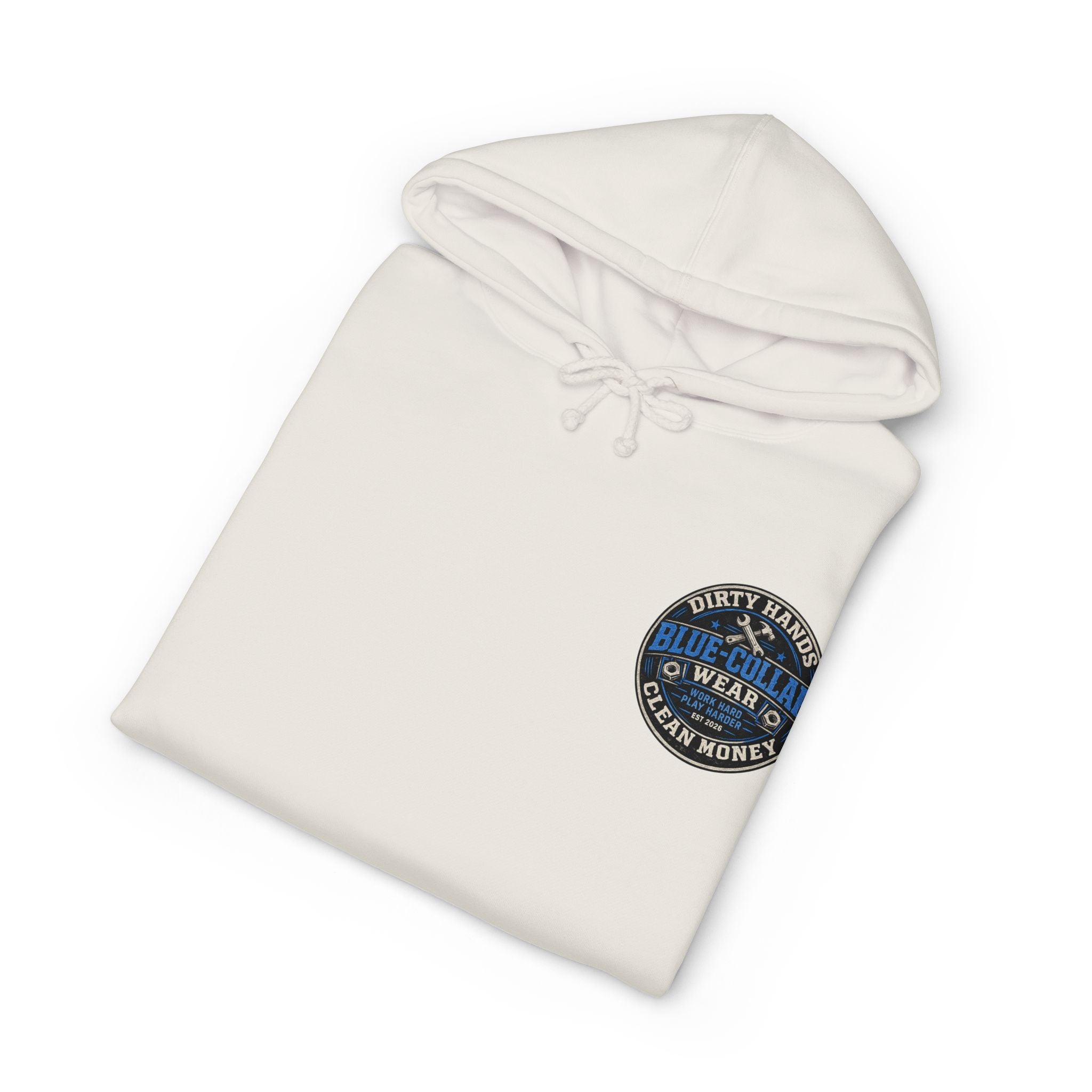 Blue-Collar Workwear Hoodie — "Dirty Hands, Clean Money" Chest & Back Graphic