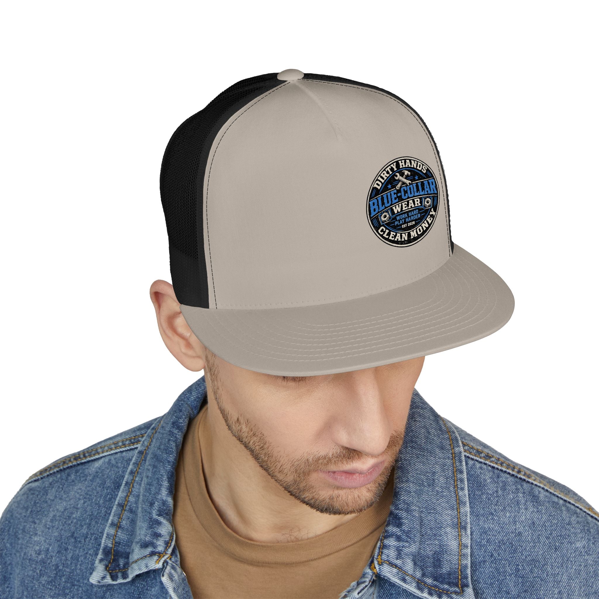 Blue-Collar Workwear Trucker Cap — "Dirty Hands Clean Money" Patch
