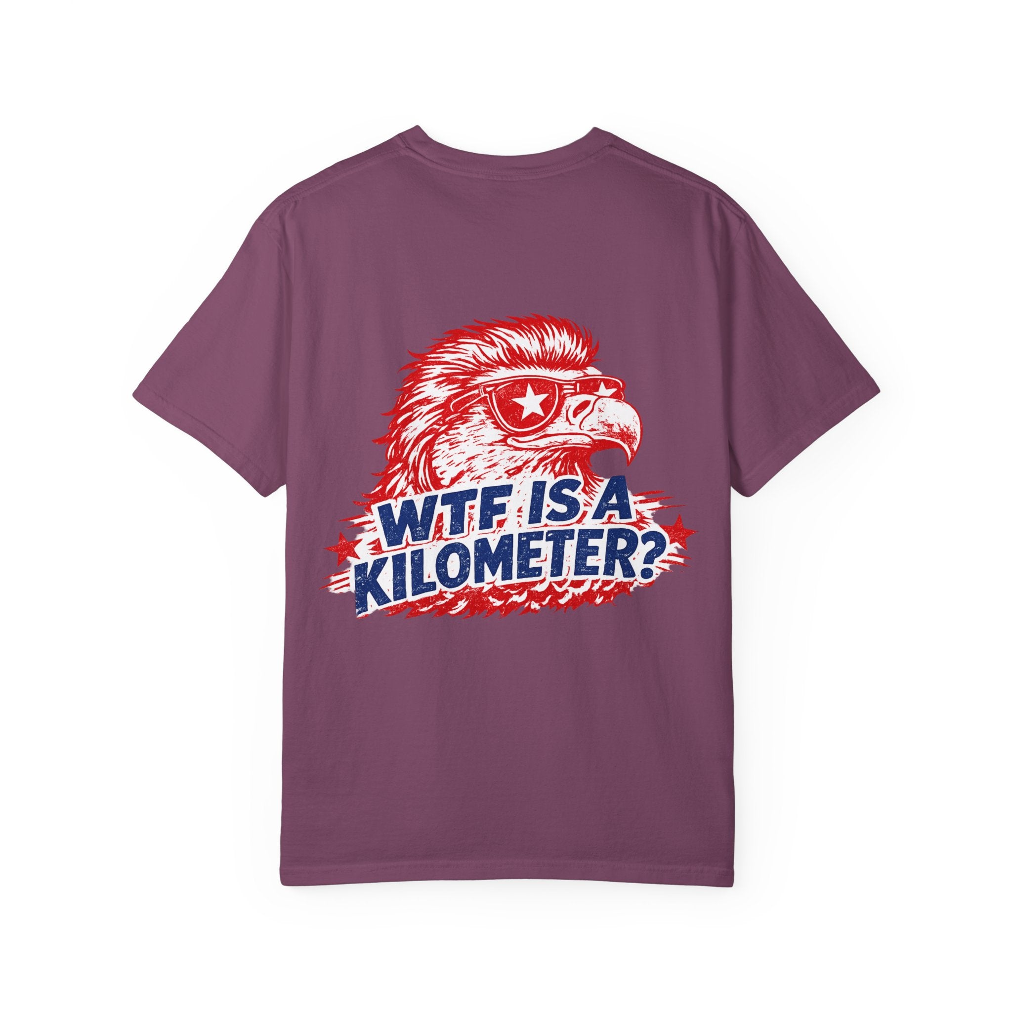 WTF Is a Kilometer? Graphic T‑Shirt — Retro Eagle Patriotic Travel Humor