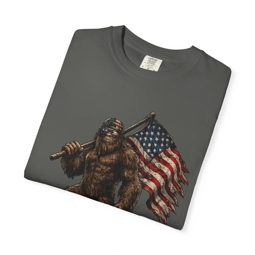 'Merica Bigfoot Flag T-Shirt — Patriotic Sasquatch Americana Tee