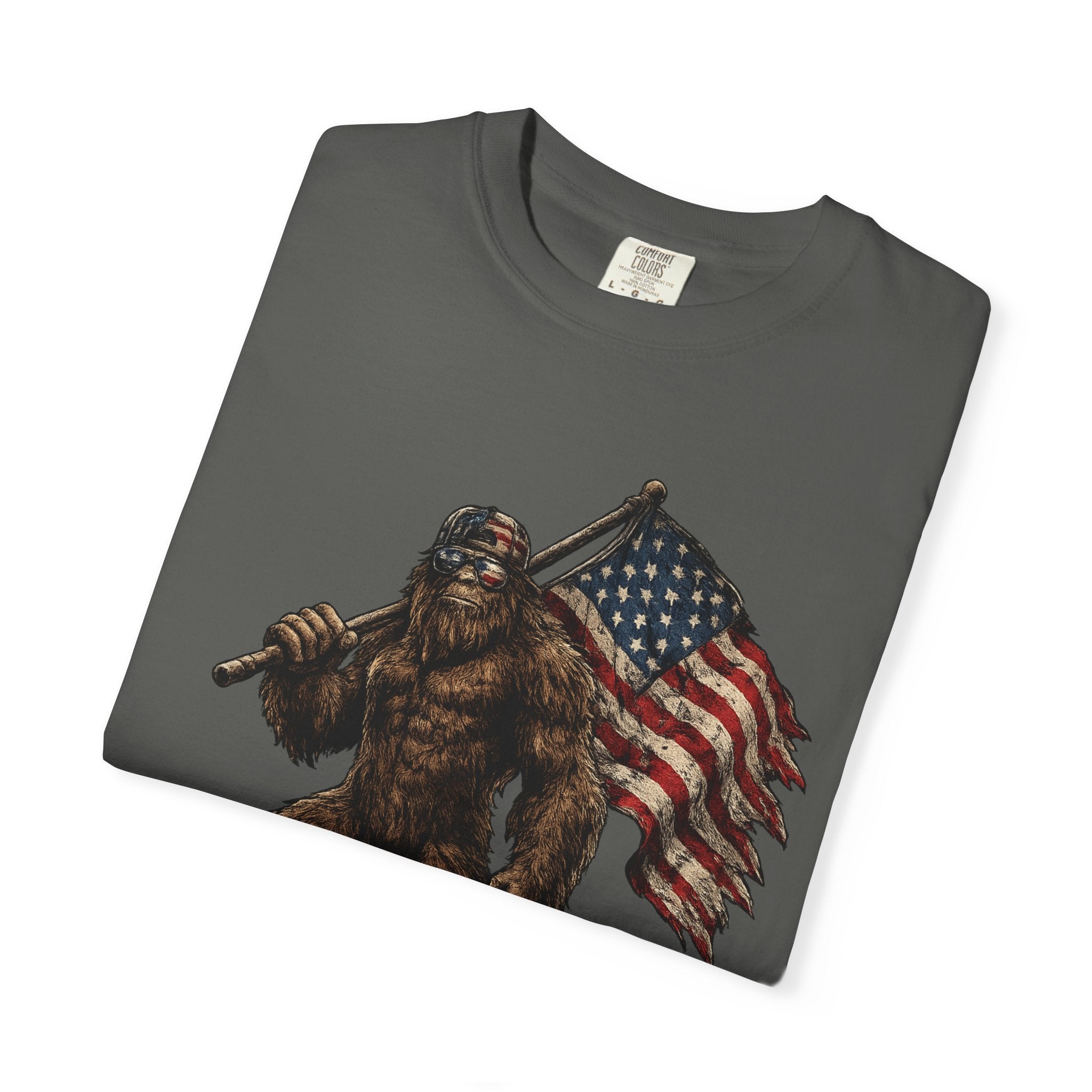 'Merica Bigfoot Flag T-Shirt — Patriotic Sasquatch Americana Tee