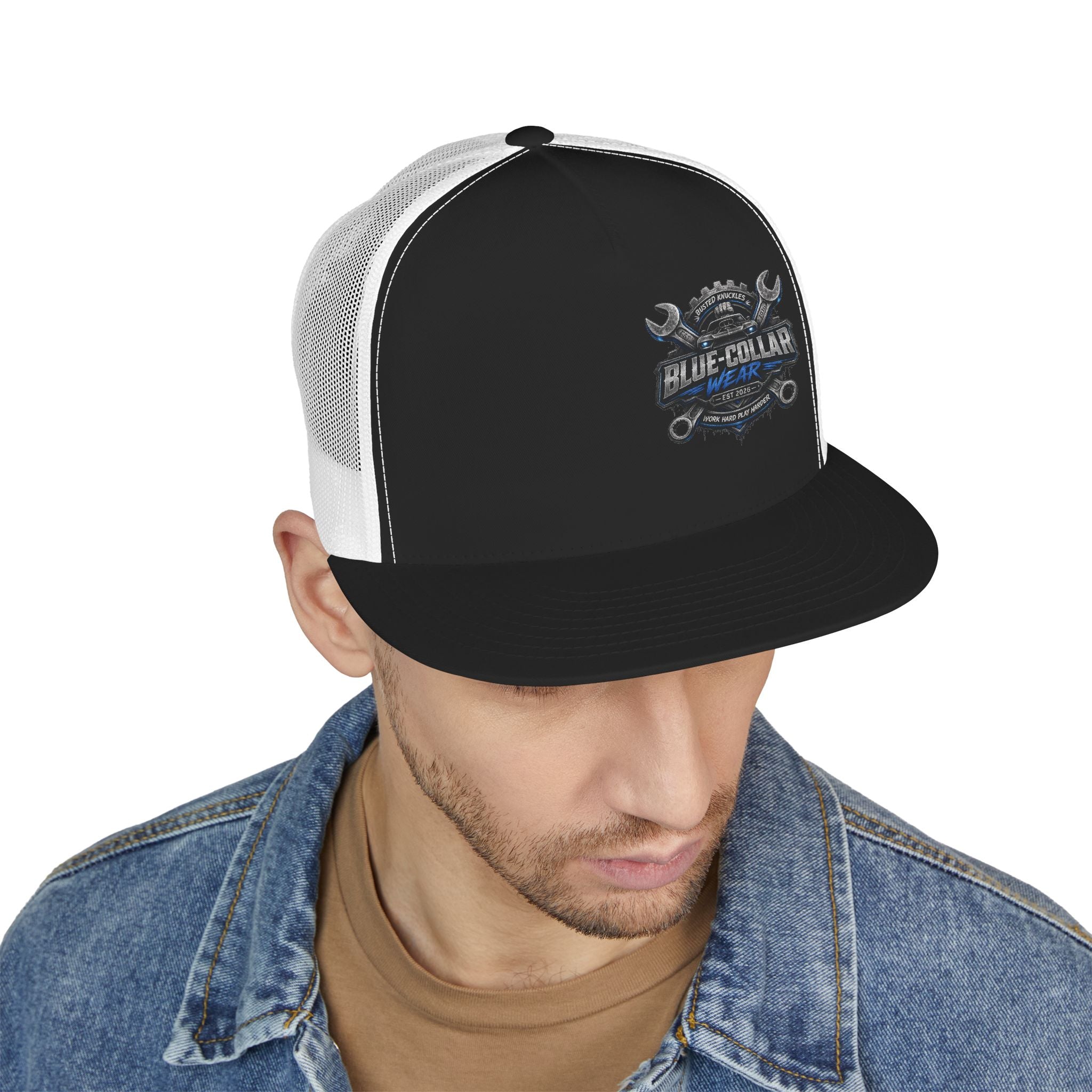 Blue-Collar Wear Trucker Cap — Vintage Mechanic Logo Snapback