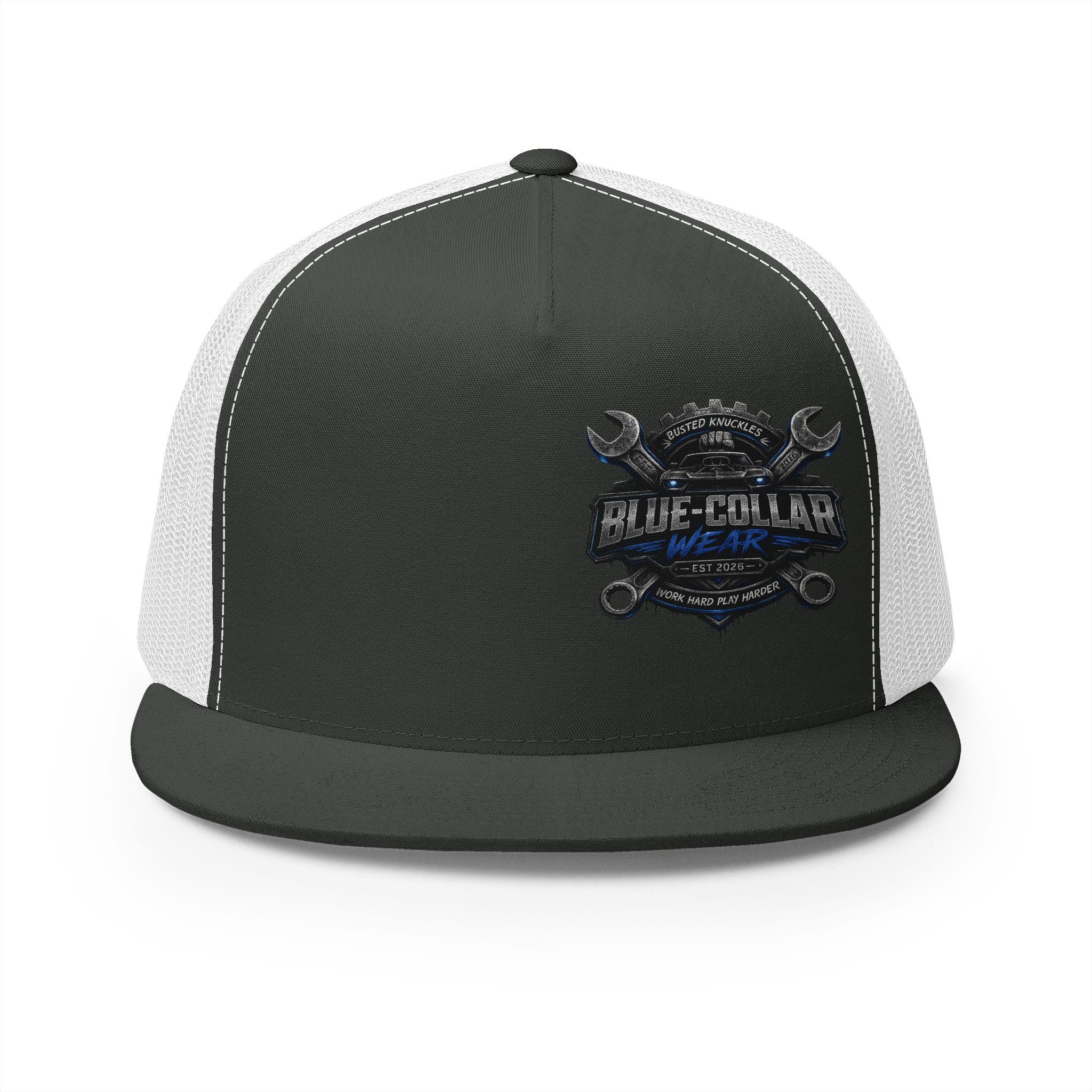 Blue-Collar Wear Trucker Cap — Vintage Mechanic Logo Snapback