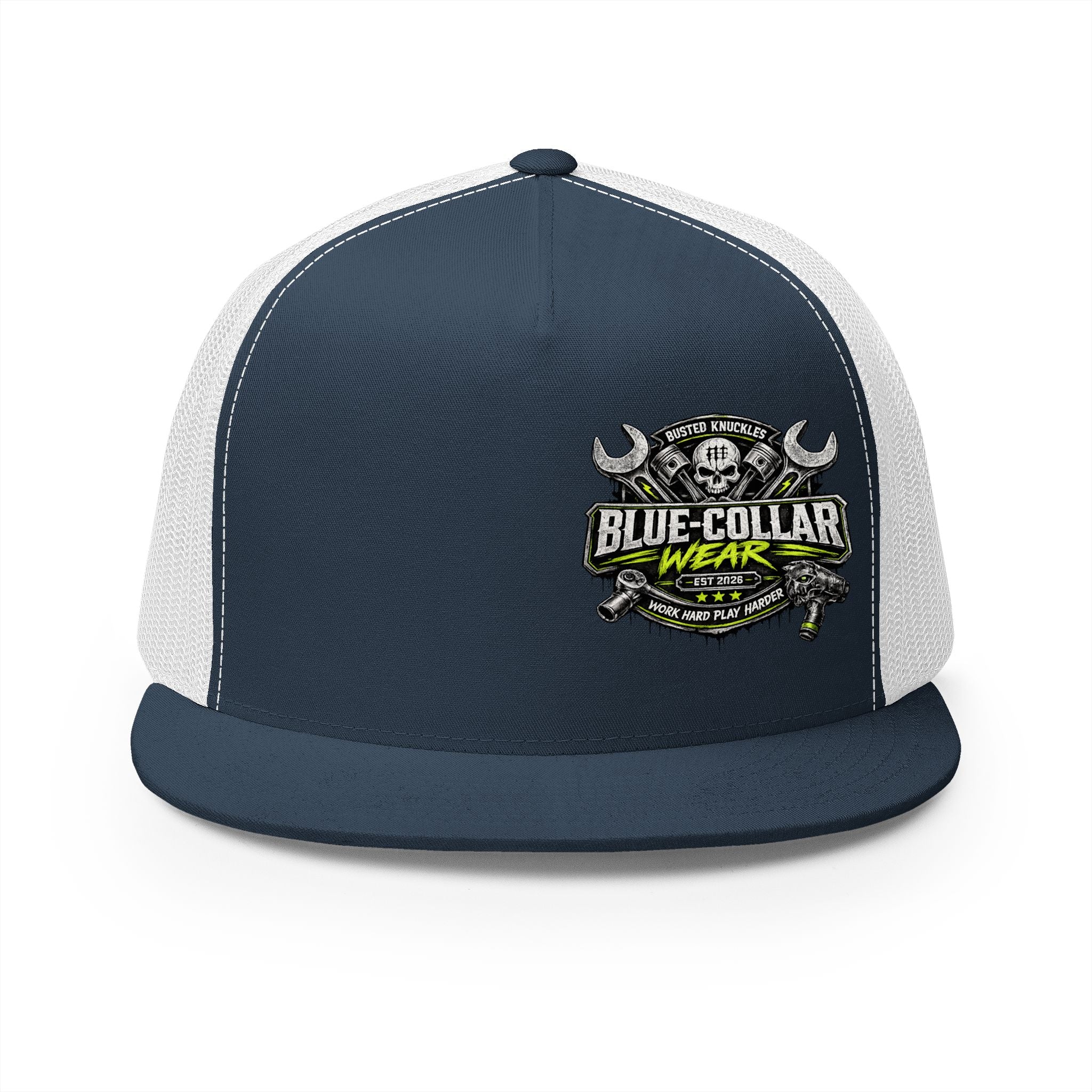 Blue Collar Wear Trucker Cap Mechanic — Workwear Skull Logo Mesh Snapback