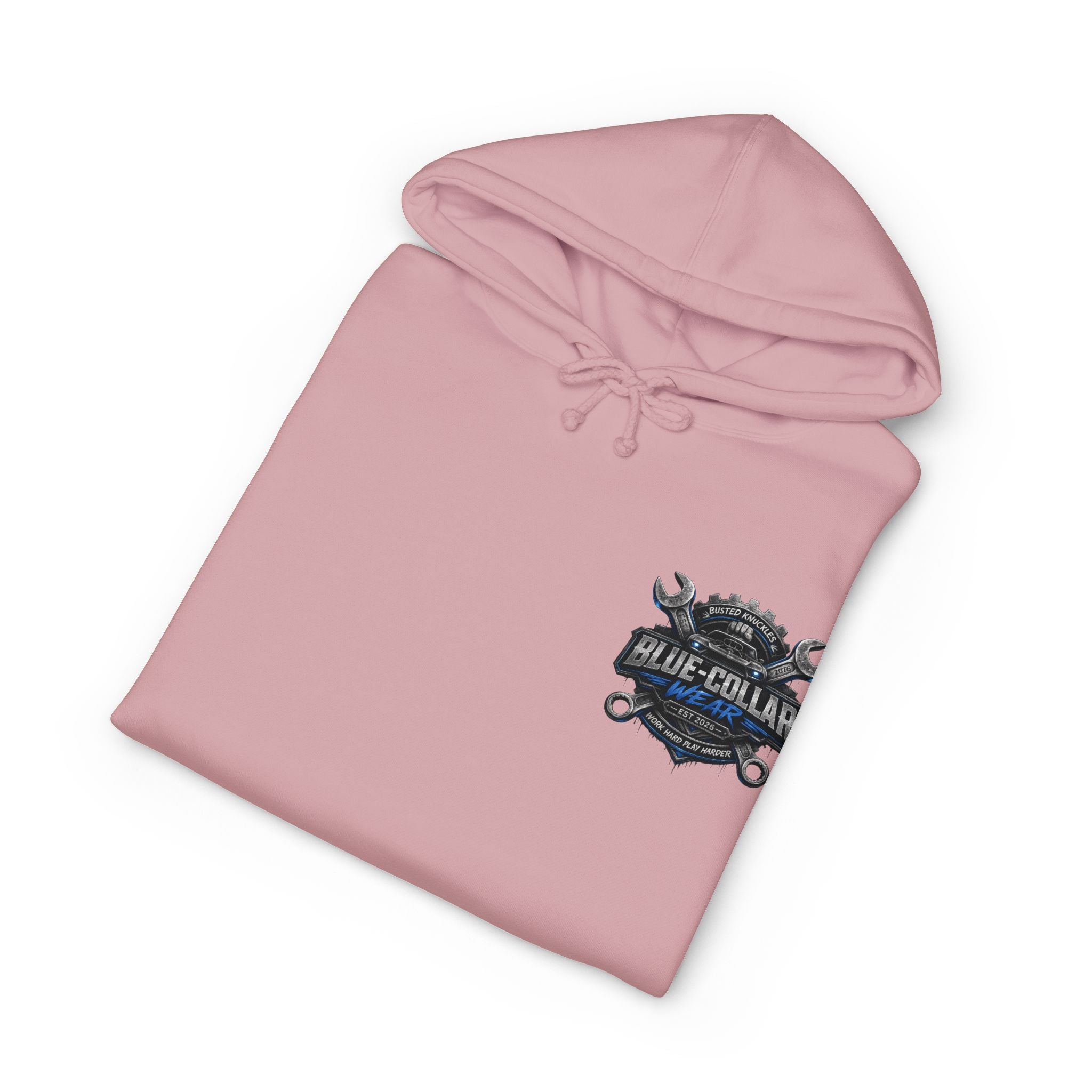 Blue-Collar Wear Hoodie — Mechanic Wrench Logo Workwear Pullover