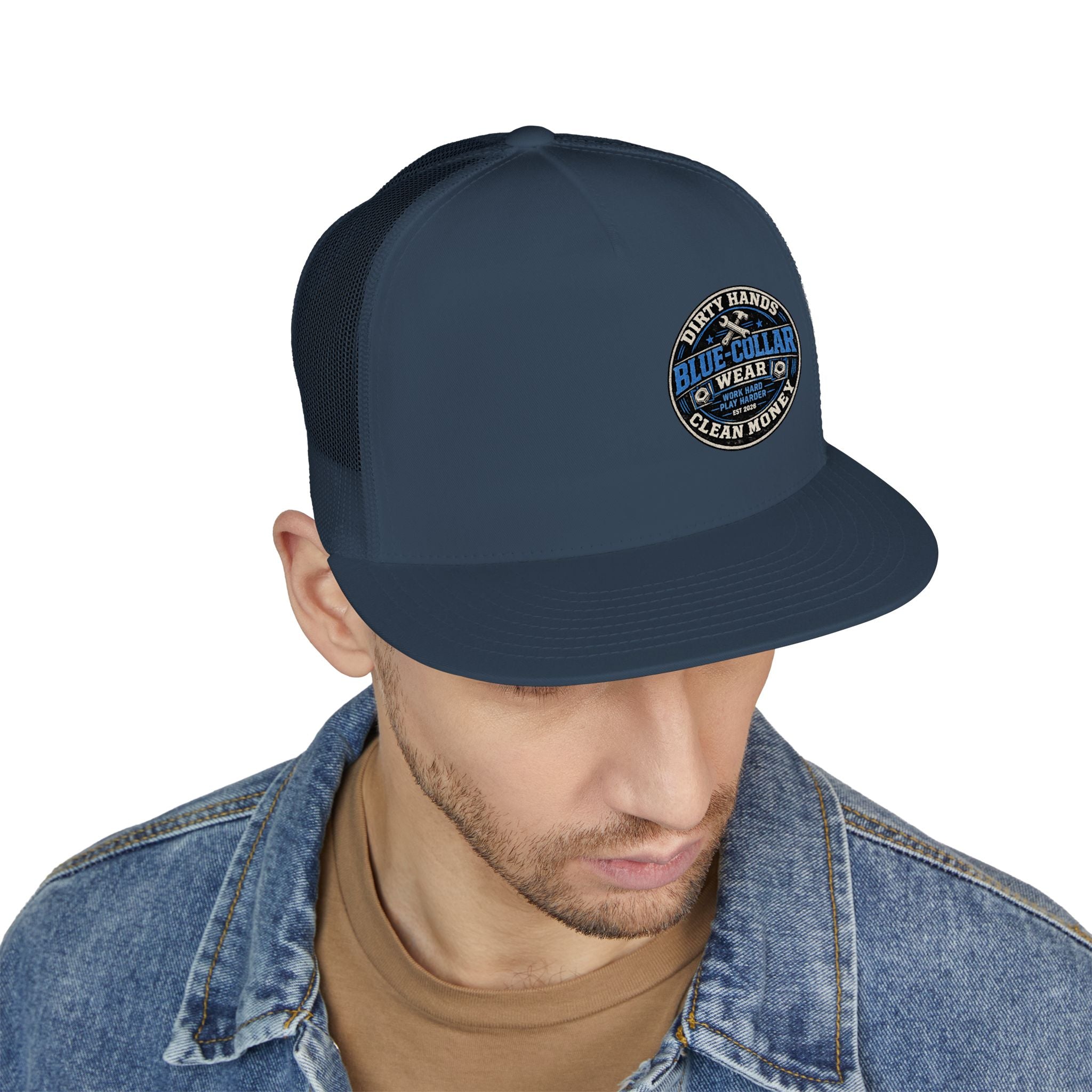 Blue-Collar Workwear Trucker Cap — "Dirty Hands Clean Money" Patch