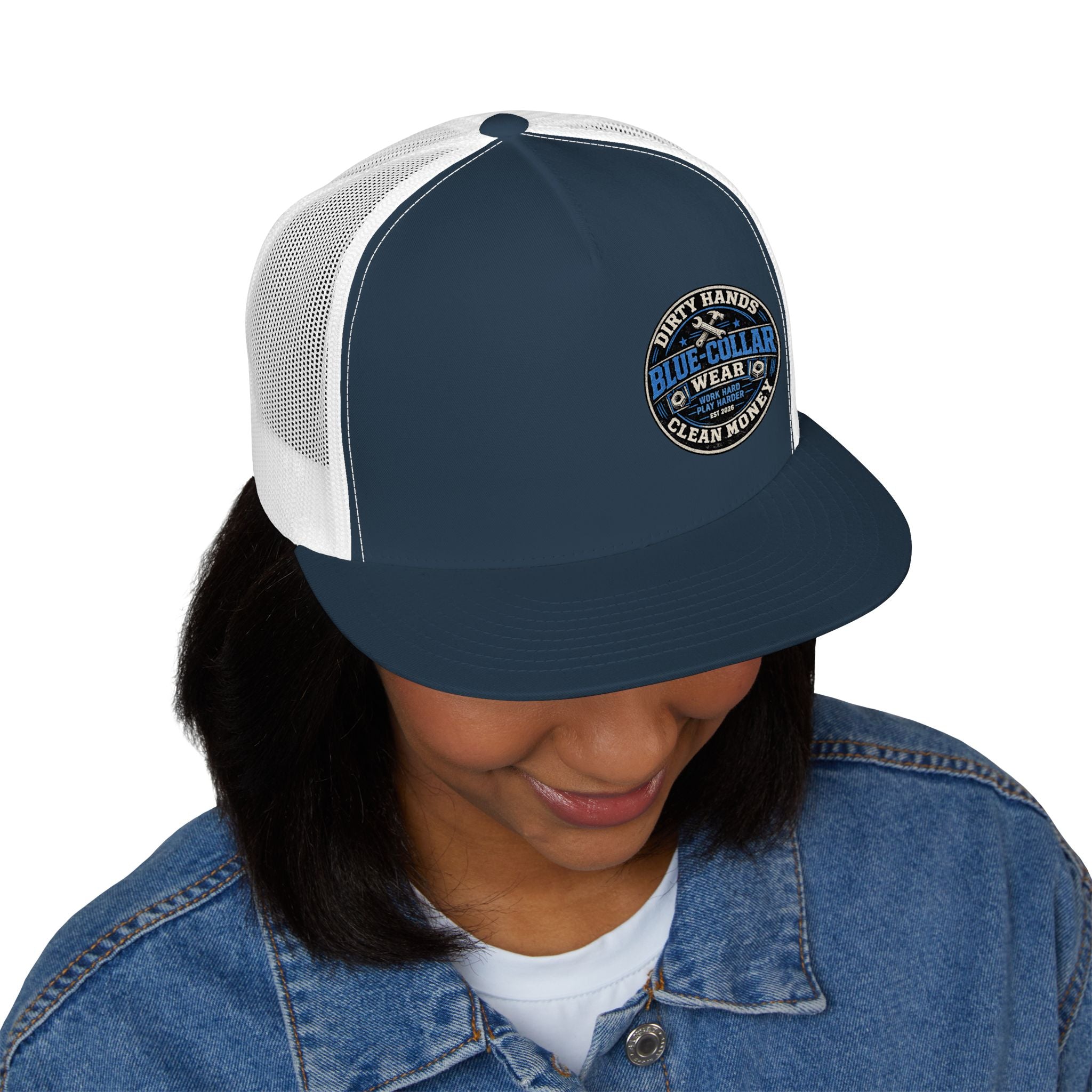 Blue-Collar Workwear Trucker Cap — "Dirty Hands Clean Money" Patch