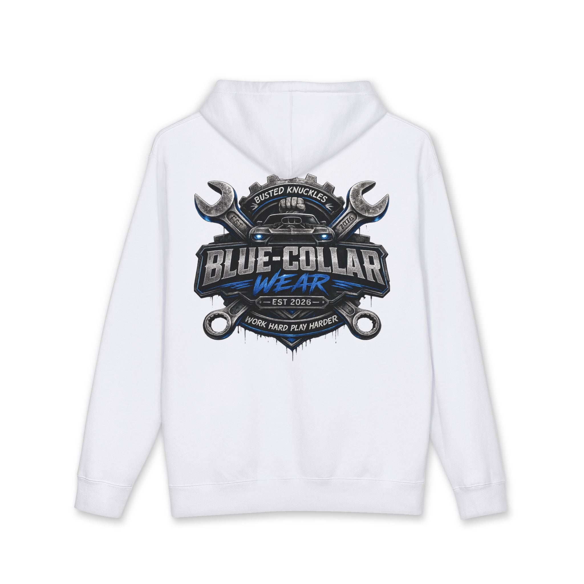 Blue-Collar Wear Hoodie — Mechanic Wrench Logo Workwear Pullover