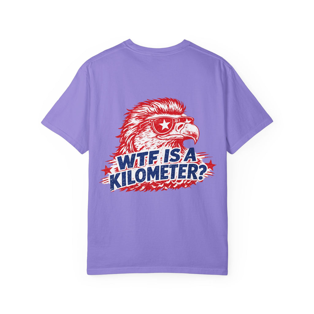 WTF Is a Kilometer? Graphic T‑Shirt — Retro Eagle Patriotic Travel Humor