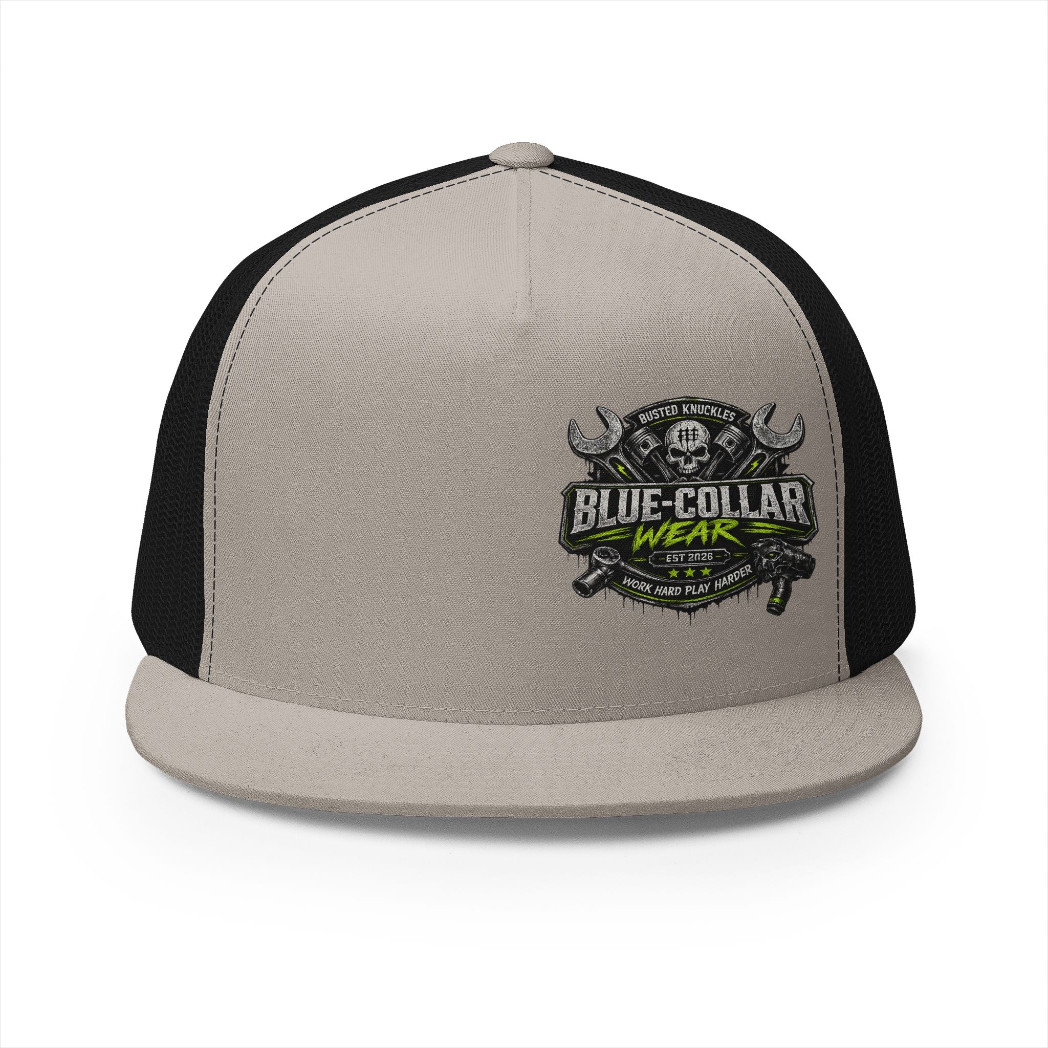 Blue Collar Wear Trucker Cap Mechanic — Workwear Skull Logo Mesh Snapback